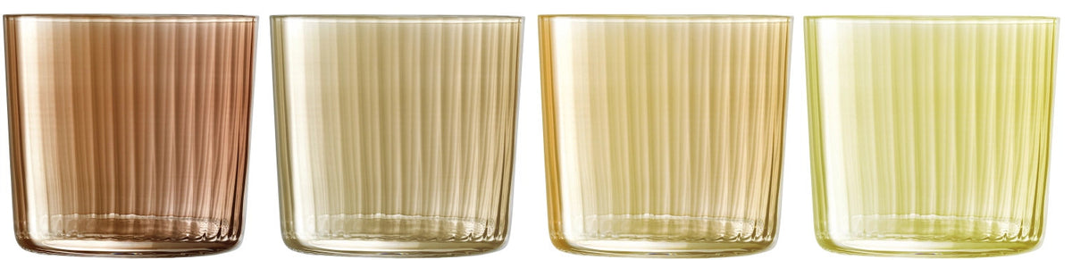 4er Set Gems Gobelet 310ml bernstein assort. von LSA: vier niedrige, geriffelte Trinkgläser aus Glas in transparenten Orange-Tönen, handbemalt.
