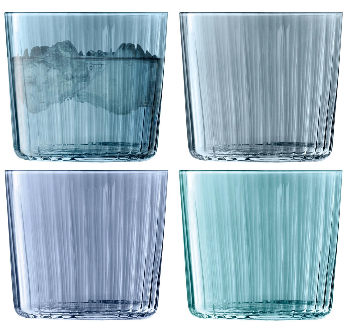 4er Set Gems Becher 310ml von LSA aus Glas in verschiedenen Saphirblau-Tönen, mit geriffelter Oberflächenstruktur und feinen Wänden, handbemalt.