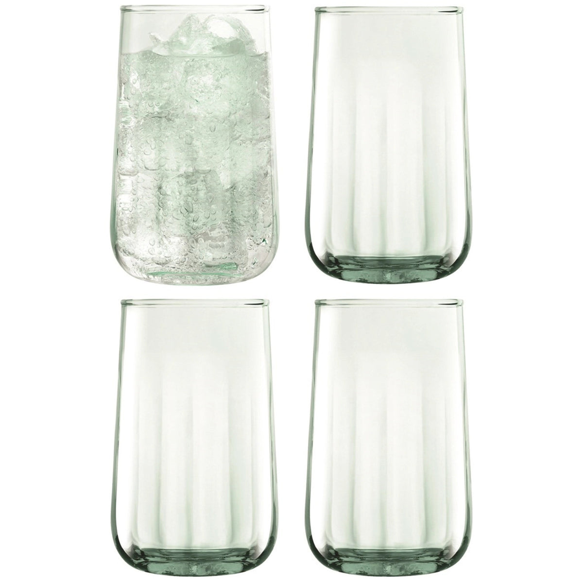4er Set Mia Saftglas 590ml von LSA aus transparentem, leicht grünlichem Glas mit konischer Form, geriffelter Textur und sichtbaren Luftbläschen.