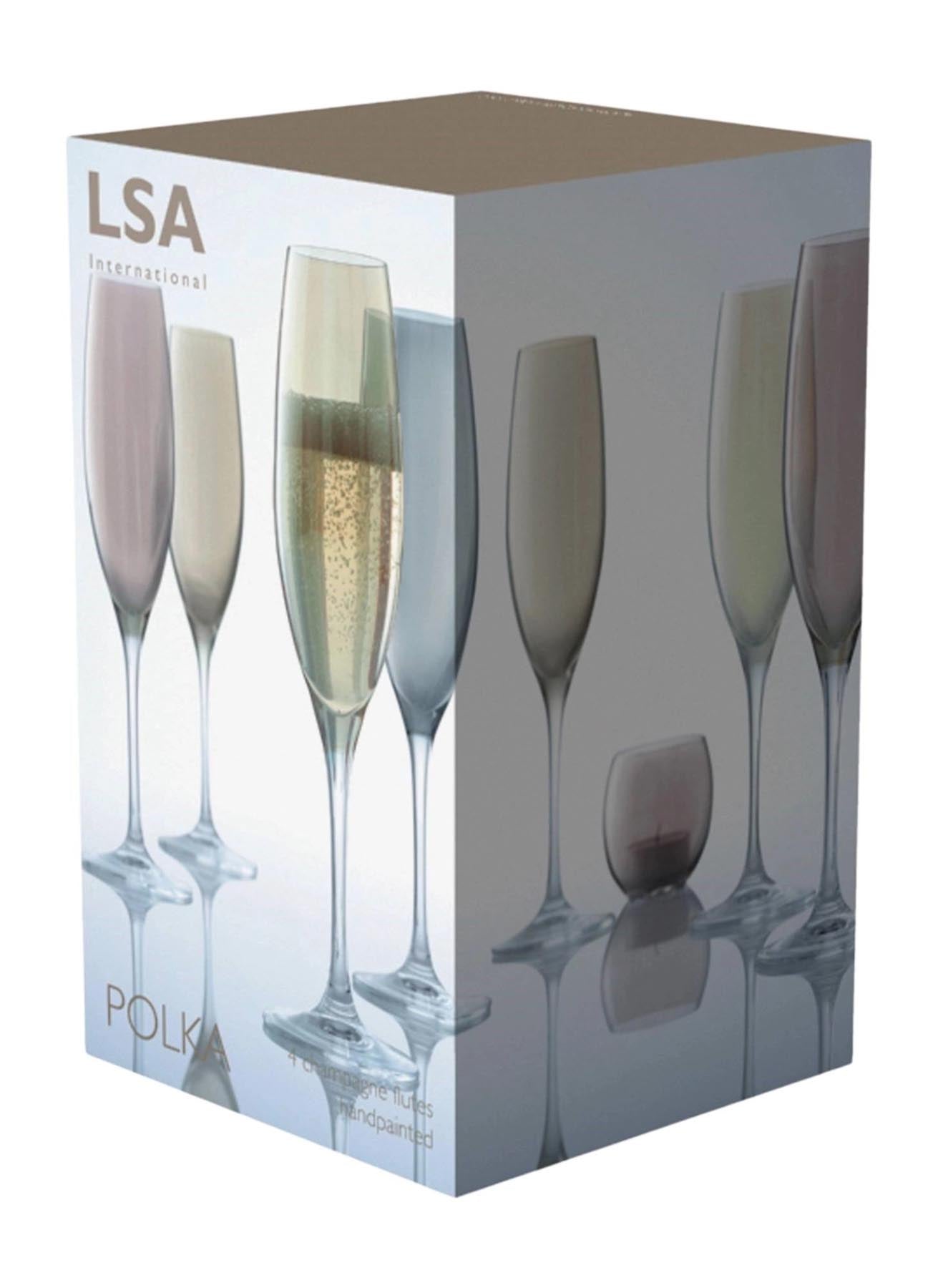 Stilvolles 4er Set Polka Sektkelche (225ml) in bunten Metalltönen, perfekt für besondere Feiern und kreative Tischgestaltung.