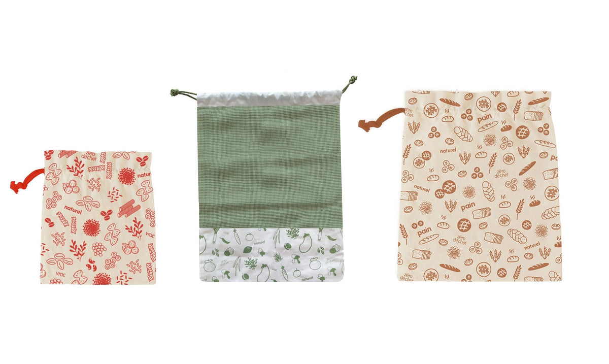 3er Set Stoffbeutel, 25x30cm, 30x40cm, 40x34cm in Mehrfarbig präsentiert im Onlineshop von KAQTU Design AG. Küchenhelfer ist von Pebbly