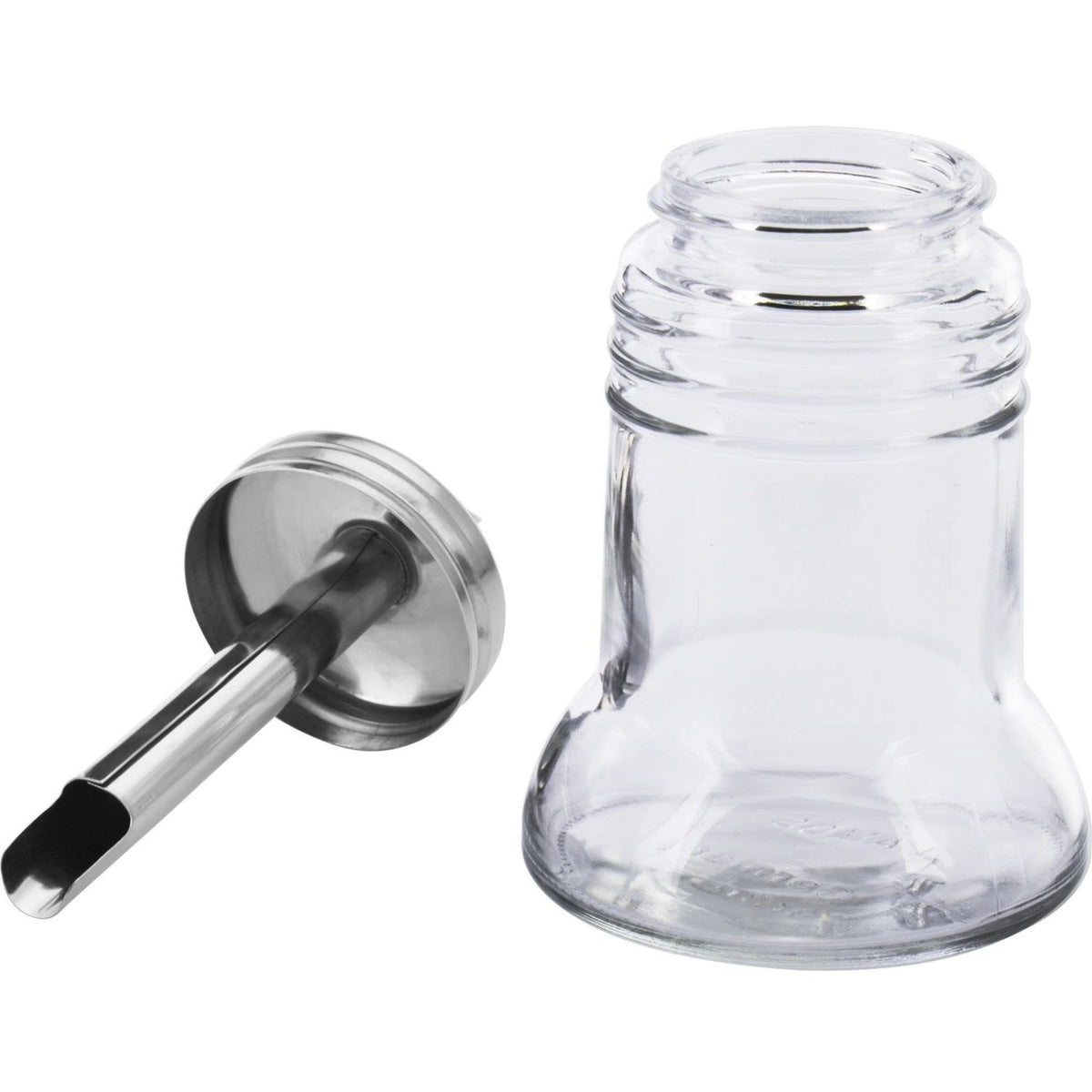 Sechs transparente Zuckerdosierer der Serie Paris-Stainless von Westmark mit geriffeltem Glas und Dosiervorrichtung aus Edelstahl, nebeneinander aufgestellt.