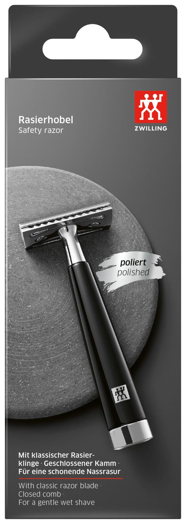 Schwarzer Rasierhobel von Zwilling Beauty, ideal für eine gründliche und sanfte Rasur, vereint Stil und Funktionalität in der Körperpflege.
