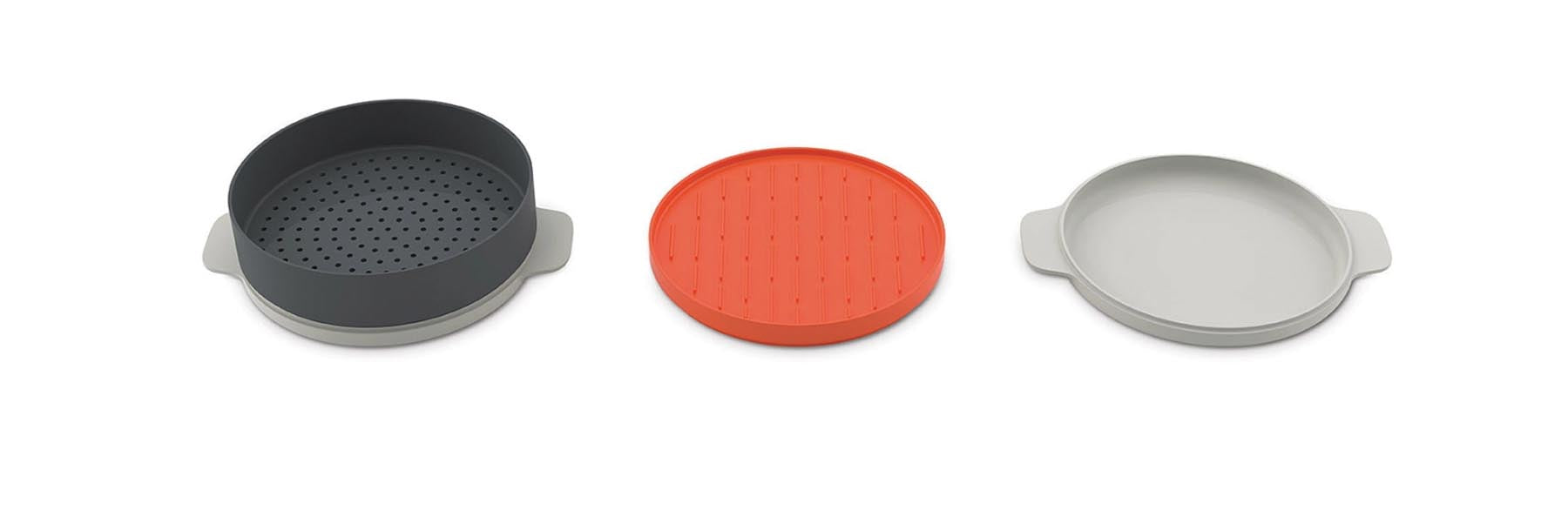 Praktisches 4er Set Mikrowellenkocher in modernem Grau und Orange von Joseph Joseph, ideal für die schnelle Zubereitung von köstlichen Gerichten.