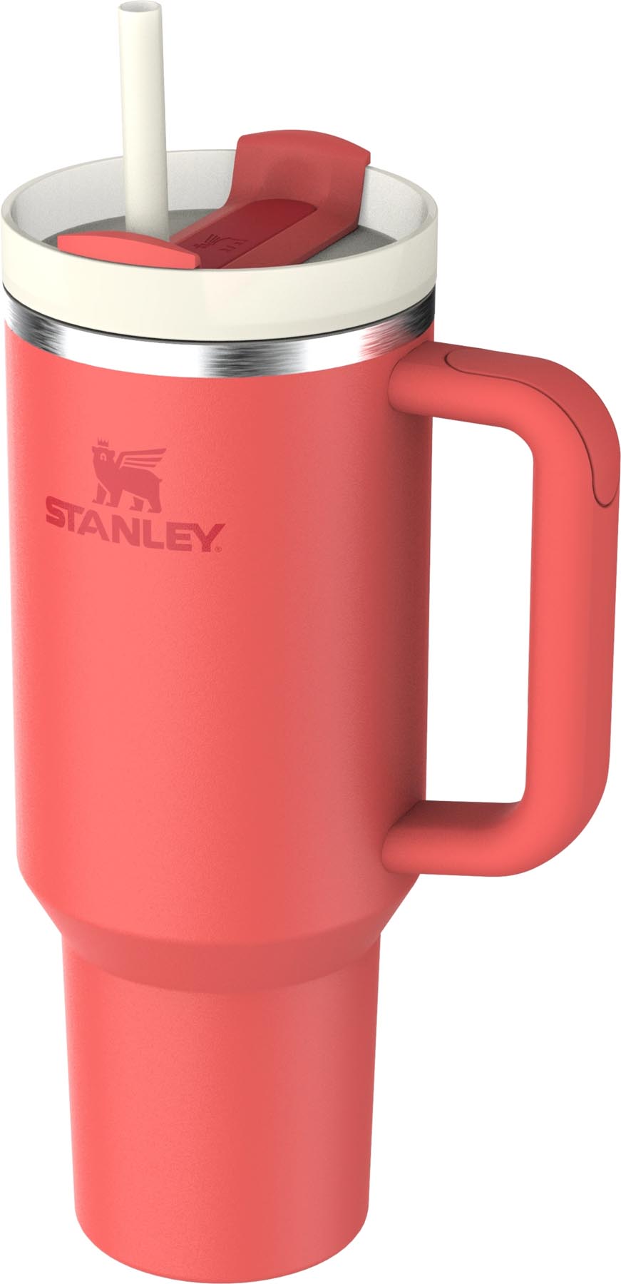 Stylische Stanley Quencher FlowState Thermosflasche in auffälligem Hot Coral, perfekt für unterwegs und hält Getränke lange warm oder kalt.