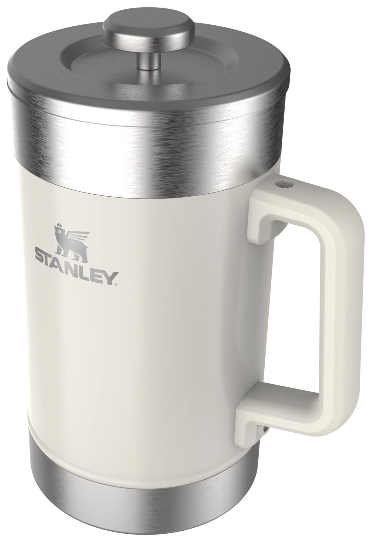 Elegante Stay-Hot French Press in Creme-Glanz, 1.4l, ideal für aromatischen Kaffee, stilvolles Design von Stanley für Kaffeeliebhaber.