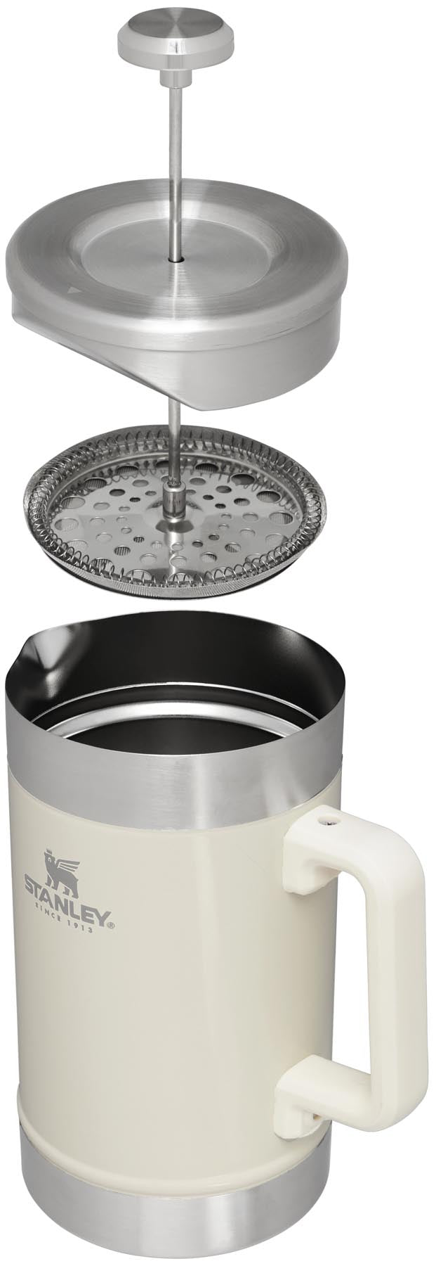 Moderne French Press in Creme-Glanz, 1.4l, von Stanley. Perfekt für köstlichen Kaffee, vereint Funktionalität und ansprechendes Design.