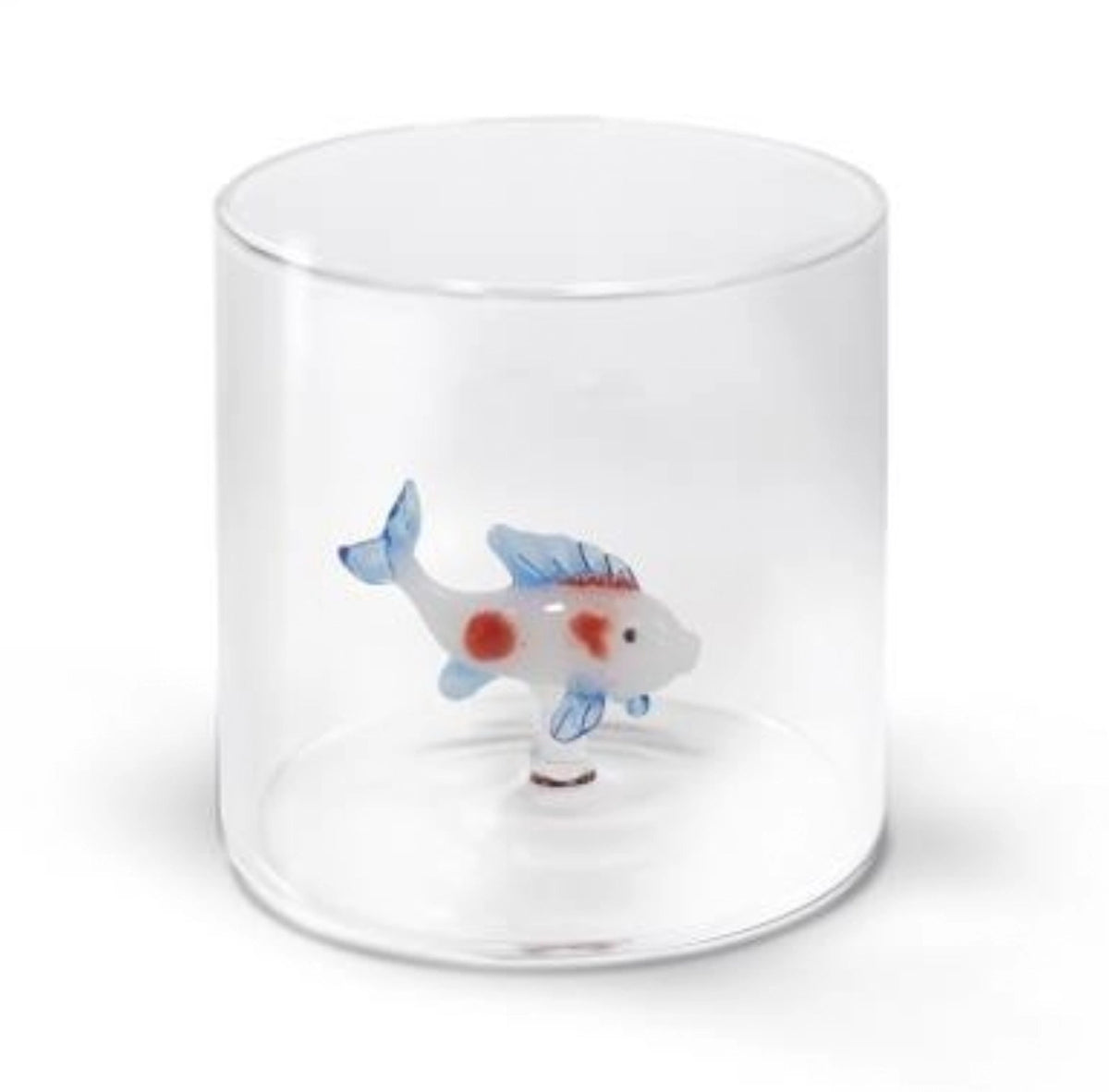 Transparentes Trinkglas aus Borosilikat in Karpfenform von Easy Life, Grösse 8x8x8cm, auf neutralem Hintergrund fotografiert.