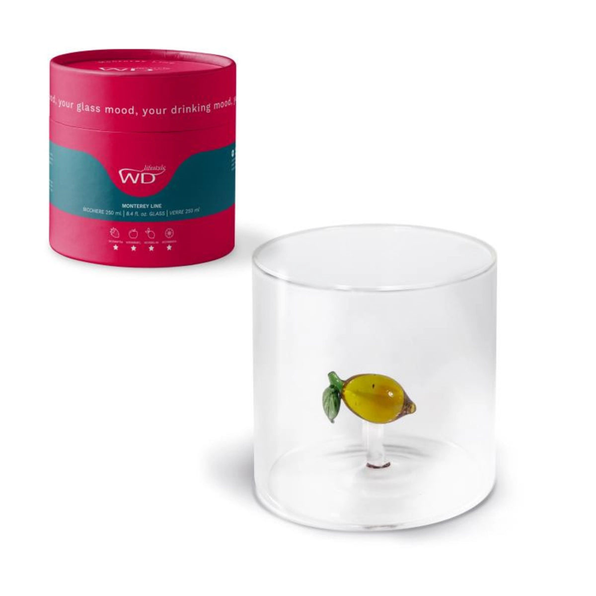 Transparentes Trinkglas aus Borosilikatglas mit Limonen-Motiv, 250ml Fassungsvermögen, Grösse 8x8x8 cm, Hersteller Easy Life, Artikel WD566LIM