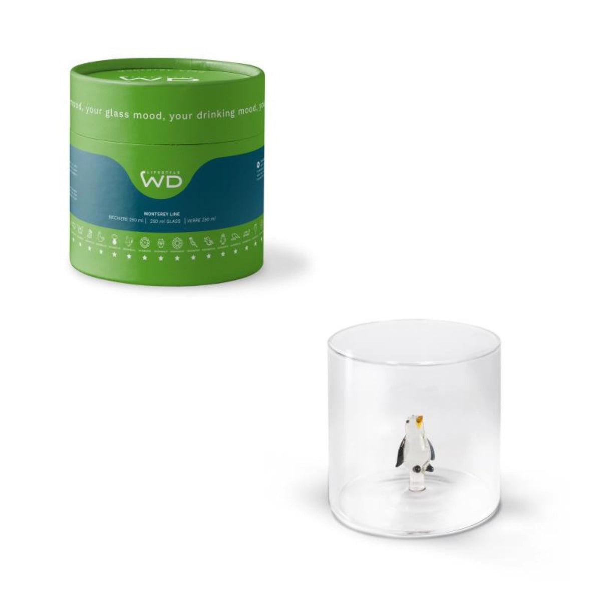 Transparentes Trinkglas aus Borosilikat mit Pinguin-Motiv, 250ml Fassungsvermögen, Masse 8x8x8cm, Hersteller Easy Life, Artikelnummer WD566PIN