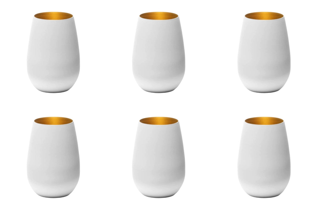 6er Set Elements Becher 465ml weiss/gold von Stölzle: sechs Trinkgläser aus Glas mit weiss-goldener Farbgestaltung, einheitliches Design