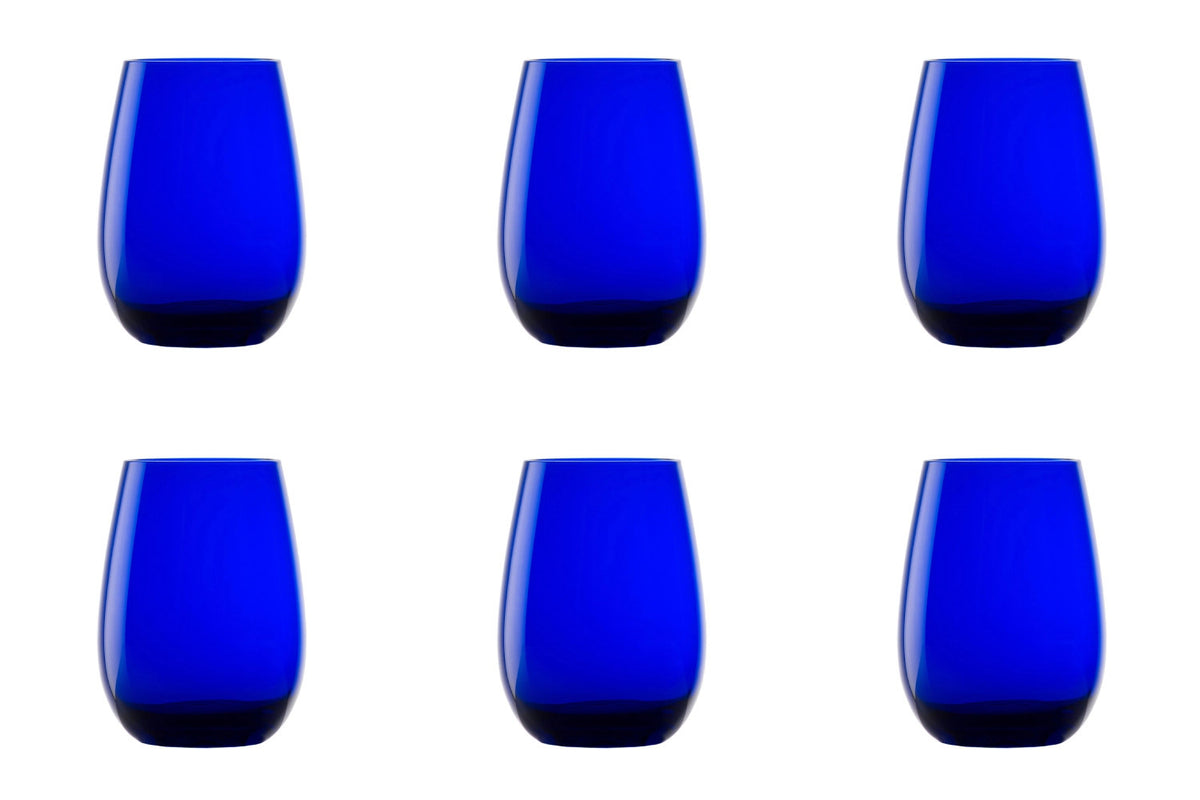 Sechs kobaltblaue Longdrink Becher aus Glas der Serie Elements von Stölzle, zylindrische Form, jeweils 465ml Fassungsvermögen, im Set