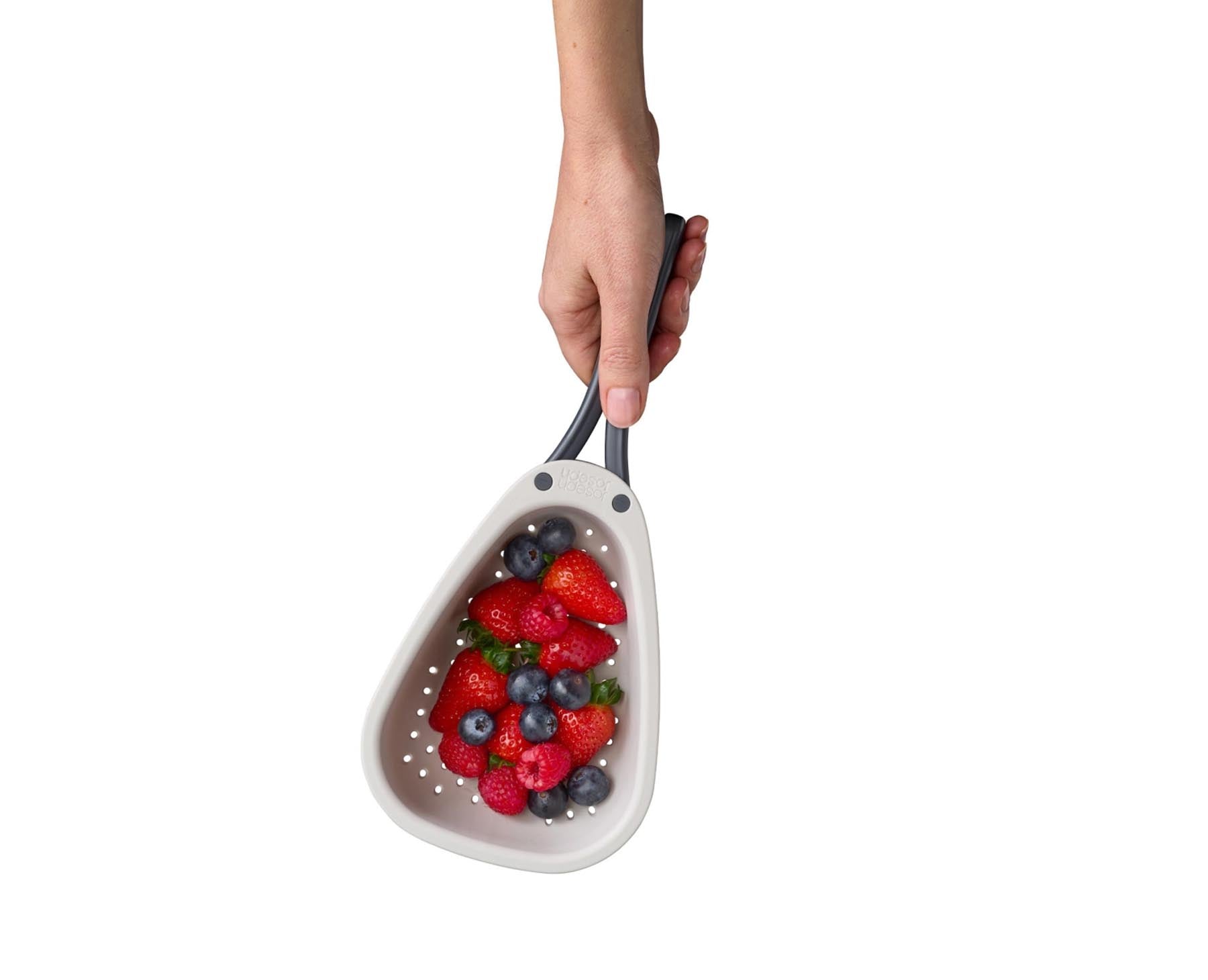 Klein und stilvoll: Das Droplet Küchensieb in elegantem Stein-Grau, ideal für das Abtropfen von Obst, Gemüse und mehr.