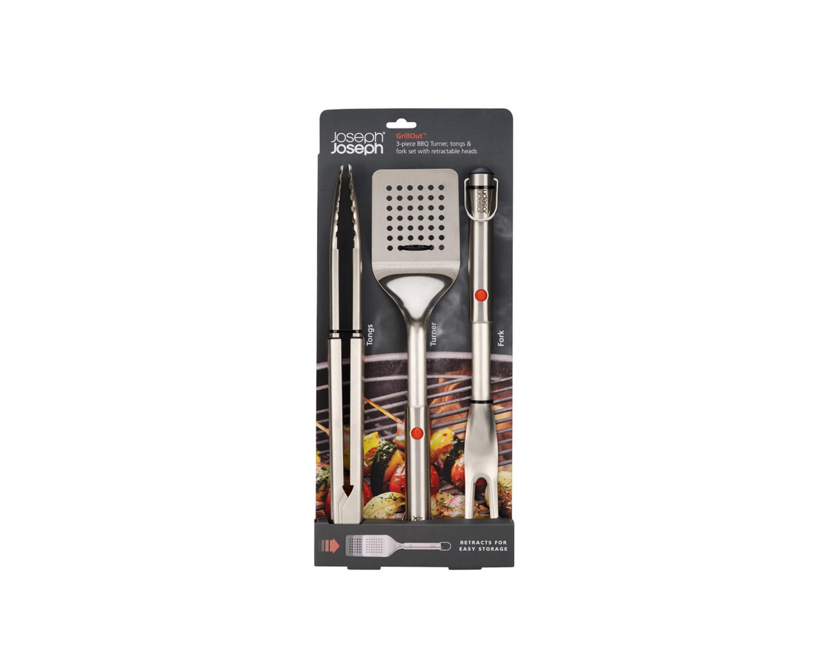 3er Set GrillOut BBQ Wender, Zange und Gabel Edelstahl in Silber präsentiert im Onlineshop von KAQTU Design AG. Grillbesteck ist von Joseph Joseph