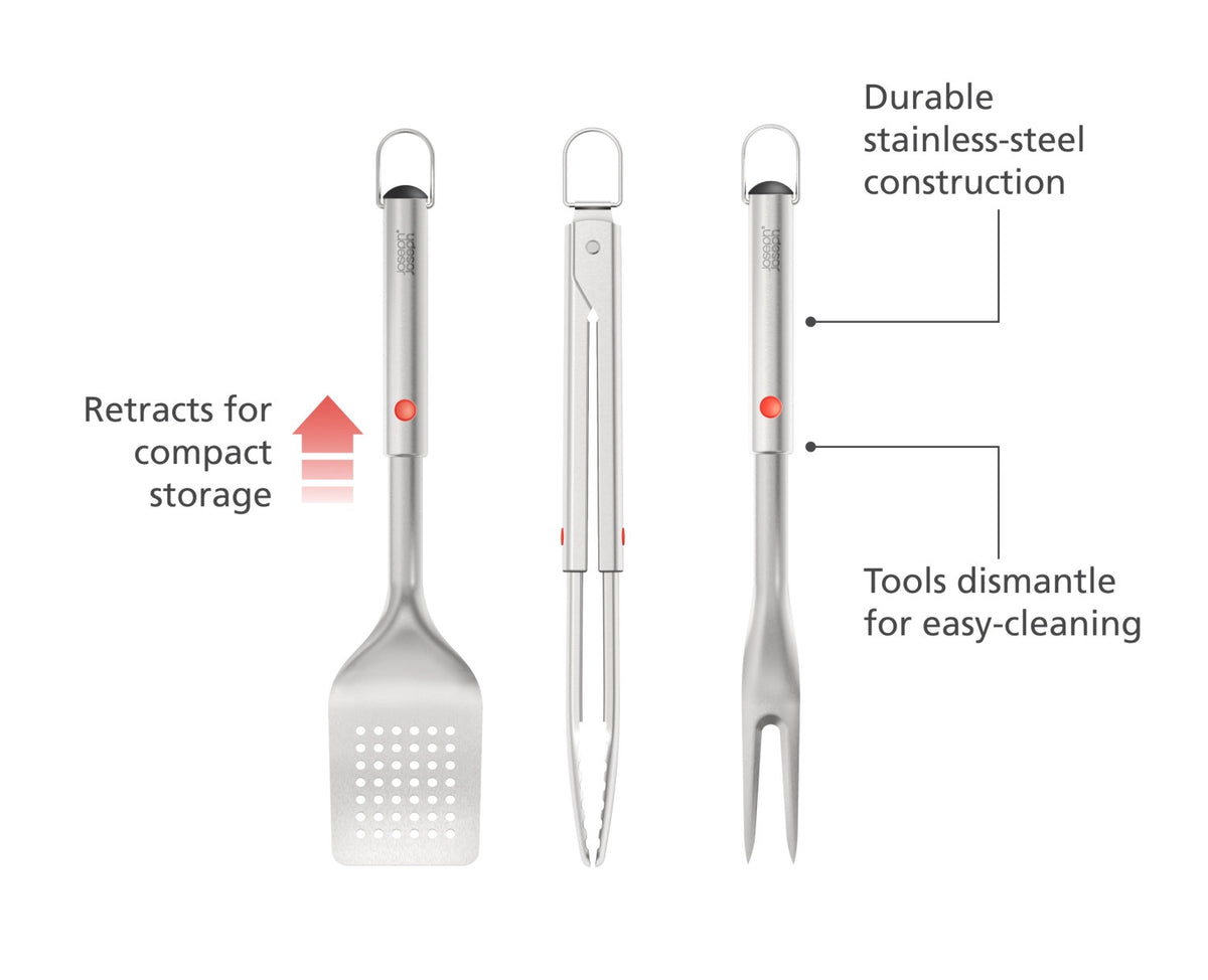 3er Set GrillOut BBQ Wender, Zange und Gabel Edelstahl in Silber präsentiert im Onlineshop von KAQTU Design AG. Grillbesteck ist von Joseph Joseph