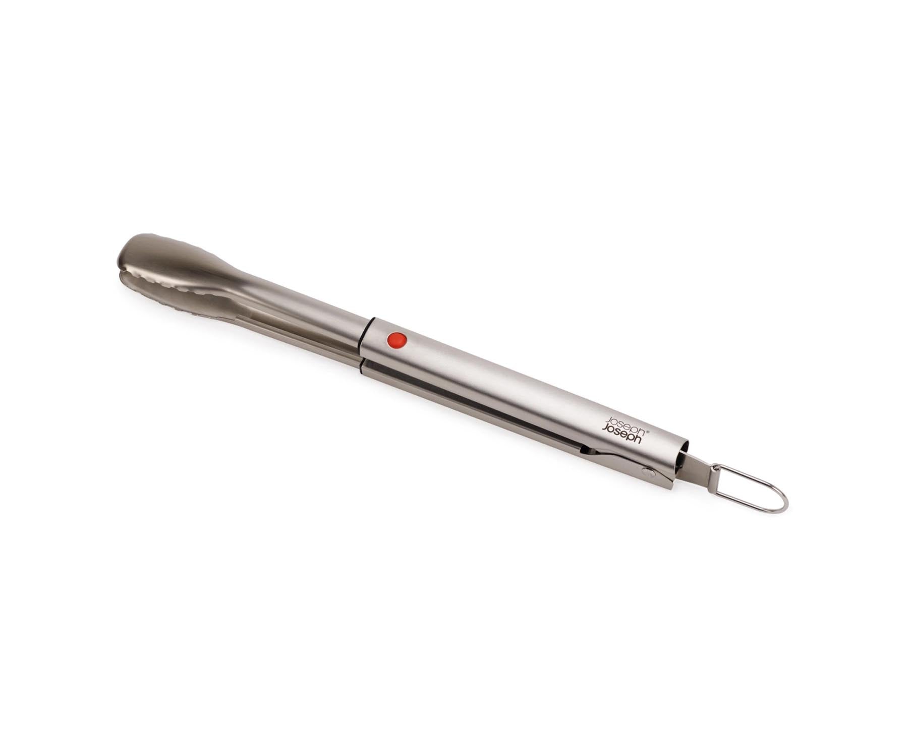 Praktische Grillzange aus hochwertigem Edelstahl mit einem einziehbaren Kopf, ideal für präzises Wenden und Servieren von Grillgerichten.