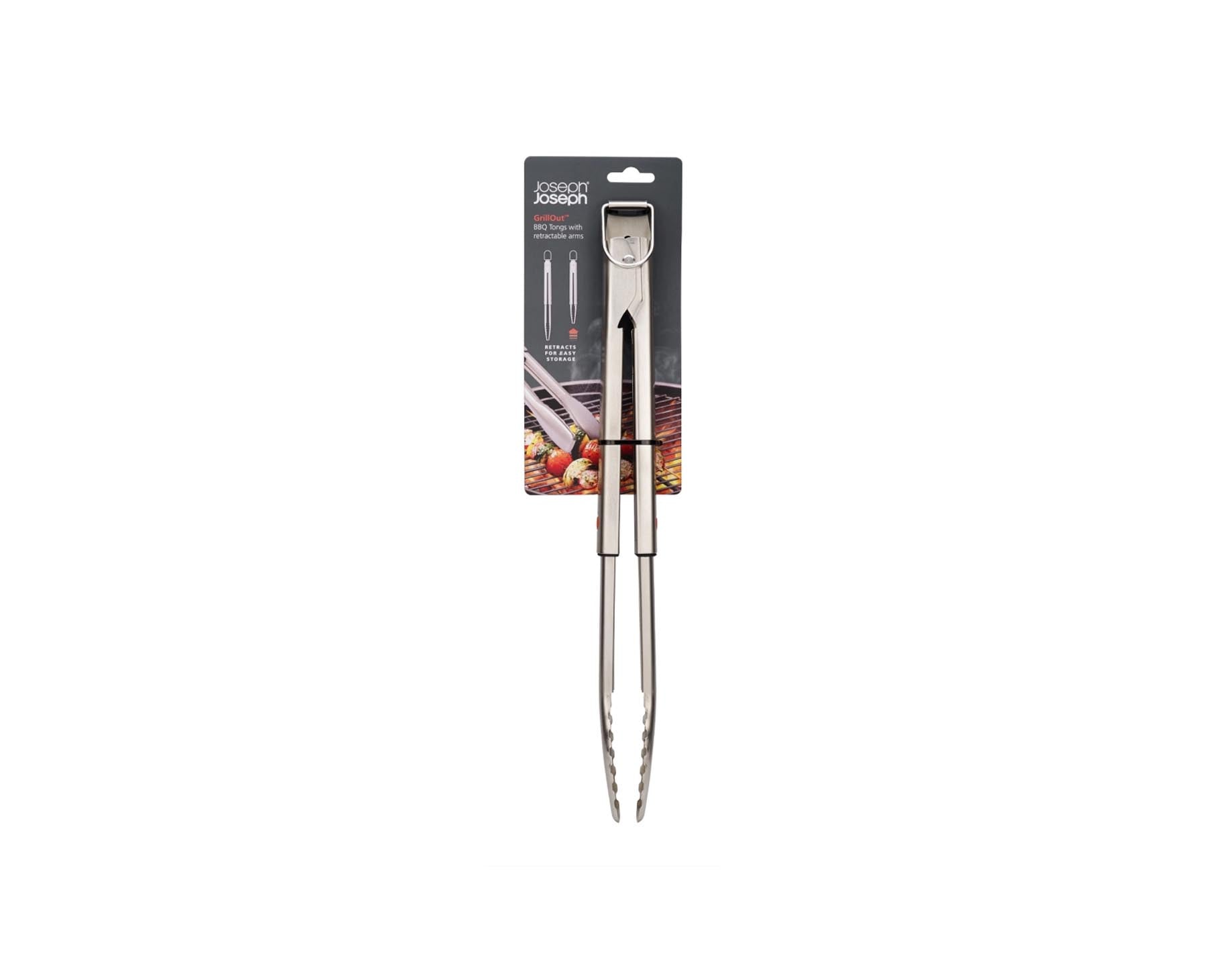 Praktische Grillzange aus hochwertigem Edelstahl mit einziehbarem Kopf, ideal für präzises Wenden und Servieren beim Grillen.