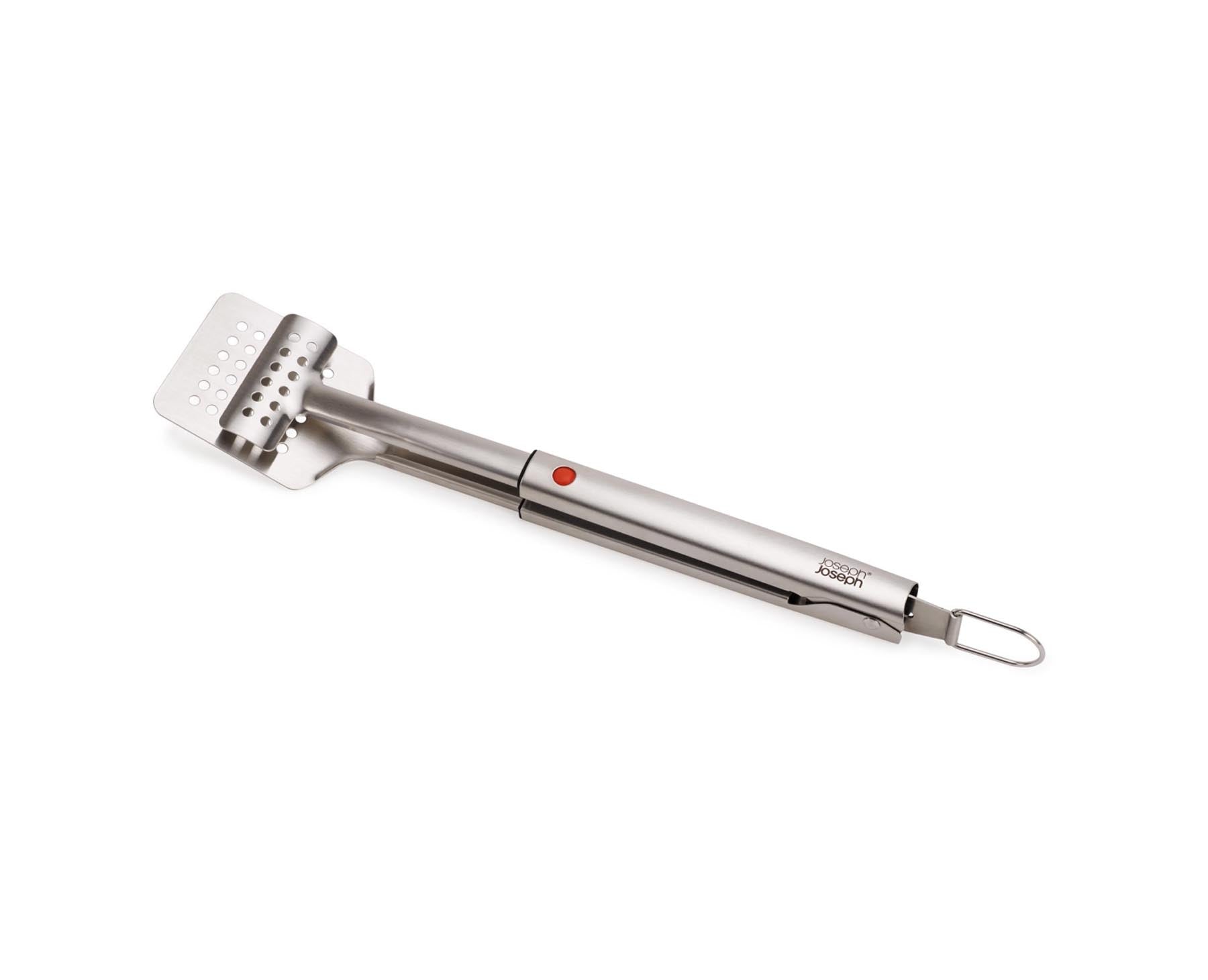 Praktischer GrillWender von Joseph Joseph mit einem innovativen, einziehbaren Kopf und integrierter Zange, ideal für Grillliebhaber.