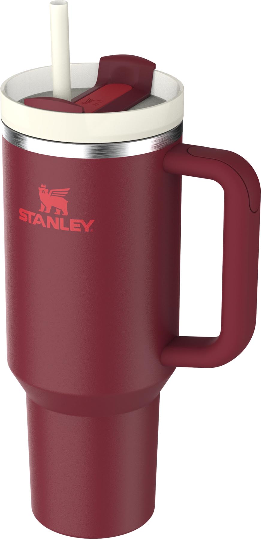 Stylische Stanley Thermosflasche Quencher FlowState 1.18l in Cranberry-Rot, ideal für kalte und heiße Getränke unterwegs.