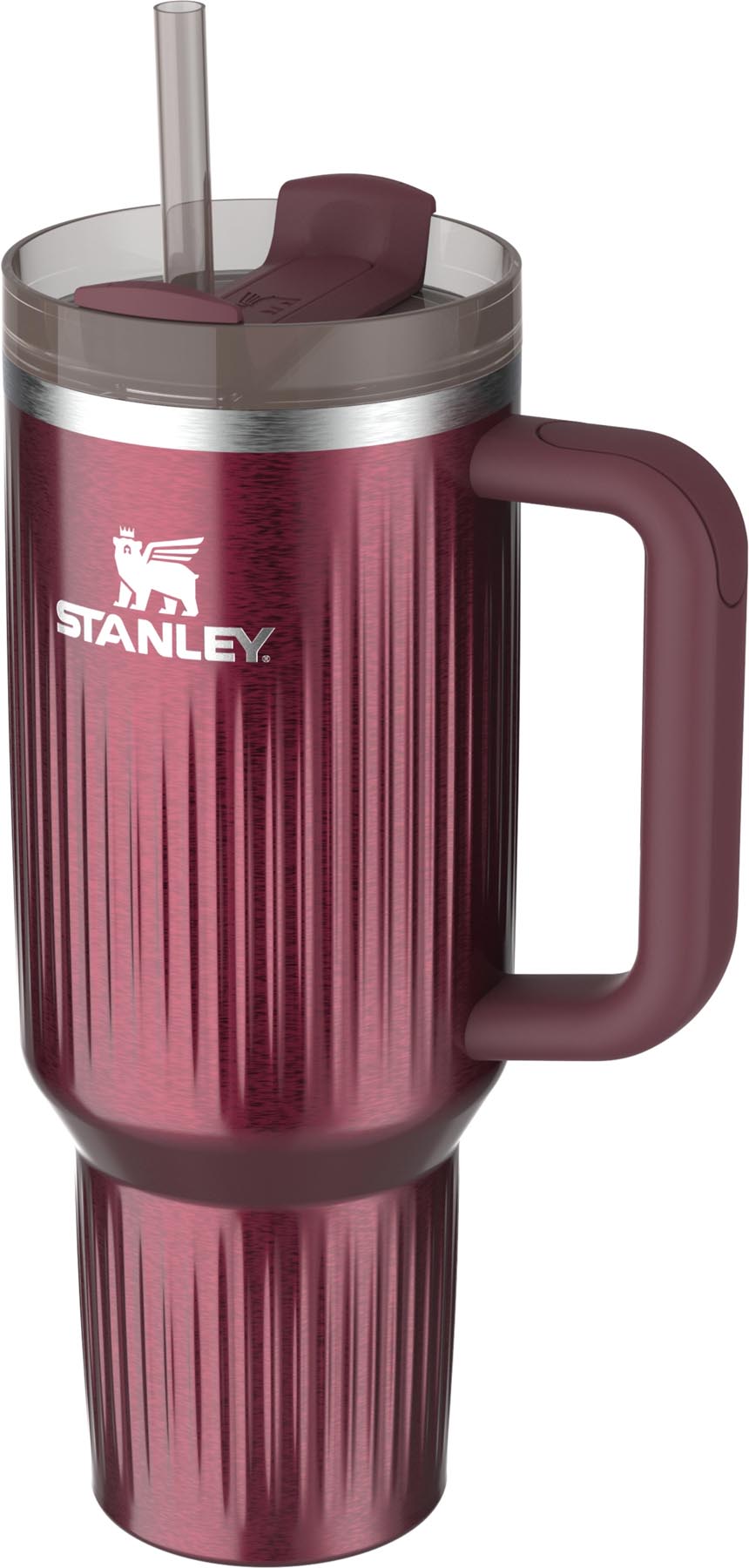 Stylische Stanley Quencher Fluted Thermosflasche in glänzendem Granatrot, perfekt für unterwegs und vielseitig einsetzbar.