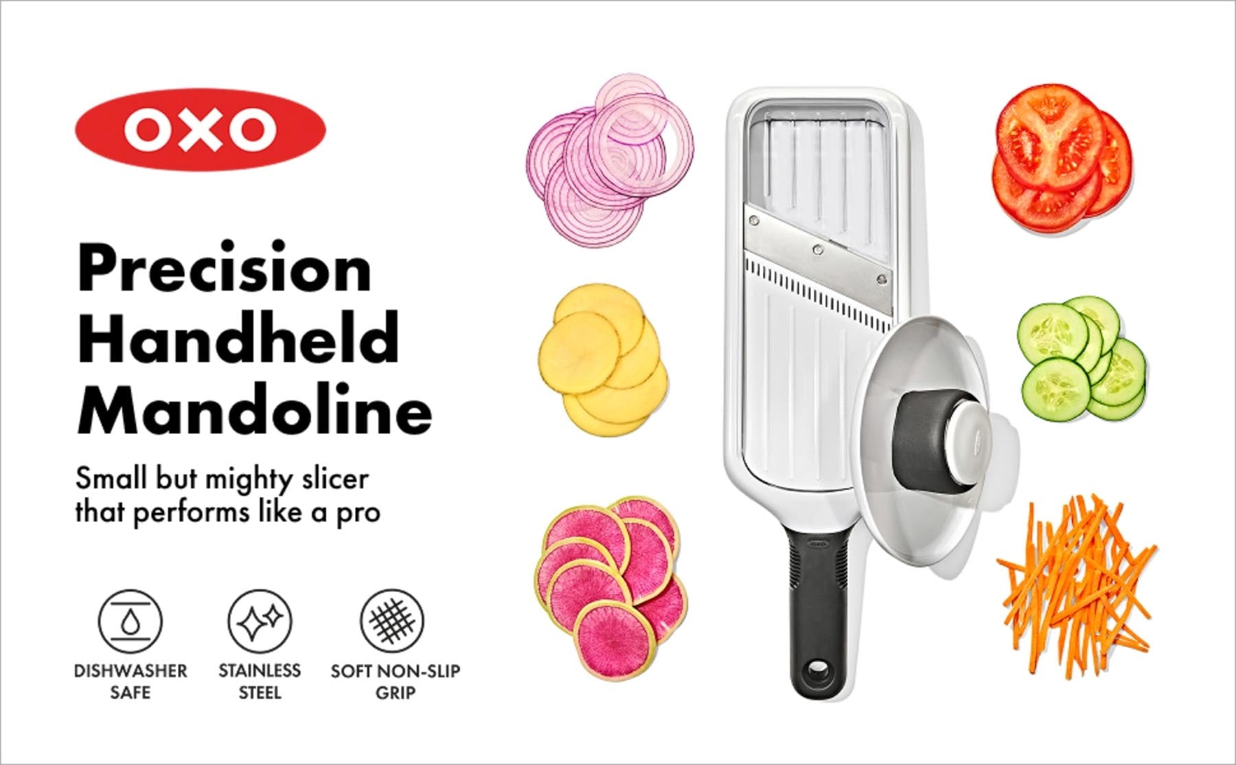Hochwertige GG Mandoline von OXO in edlem Silber, perfekt zum präzisen Schneiden und Raffeln von frischen Zutaten für kreative Gerichte.