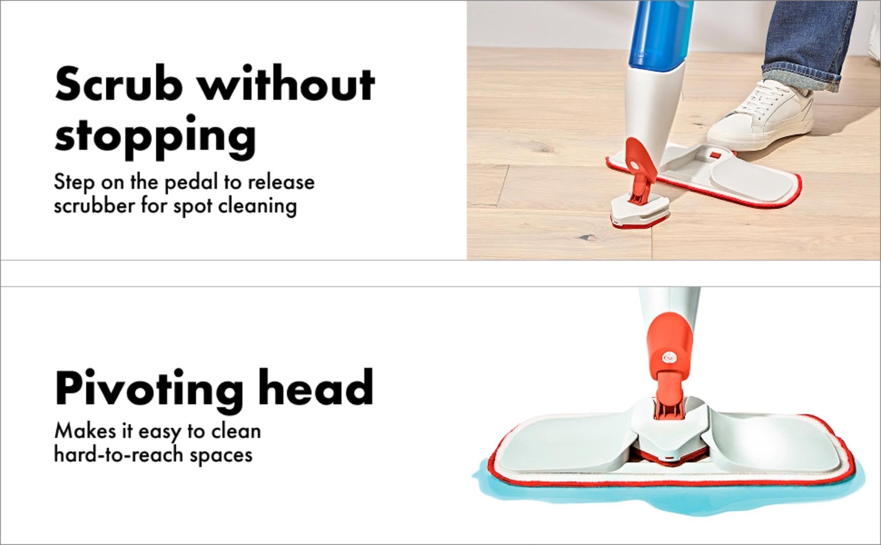 Vielseitiger GG Sprühmopp von OXO in lebhaften Farben, perfekt für müheloses Wischen und Reinigen von Hartböden, erhältlich bei KAQTU Design AG.