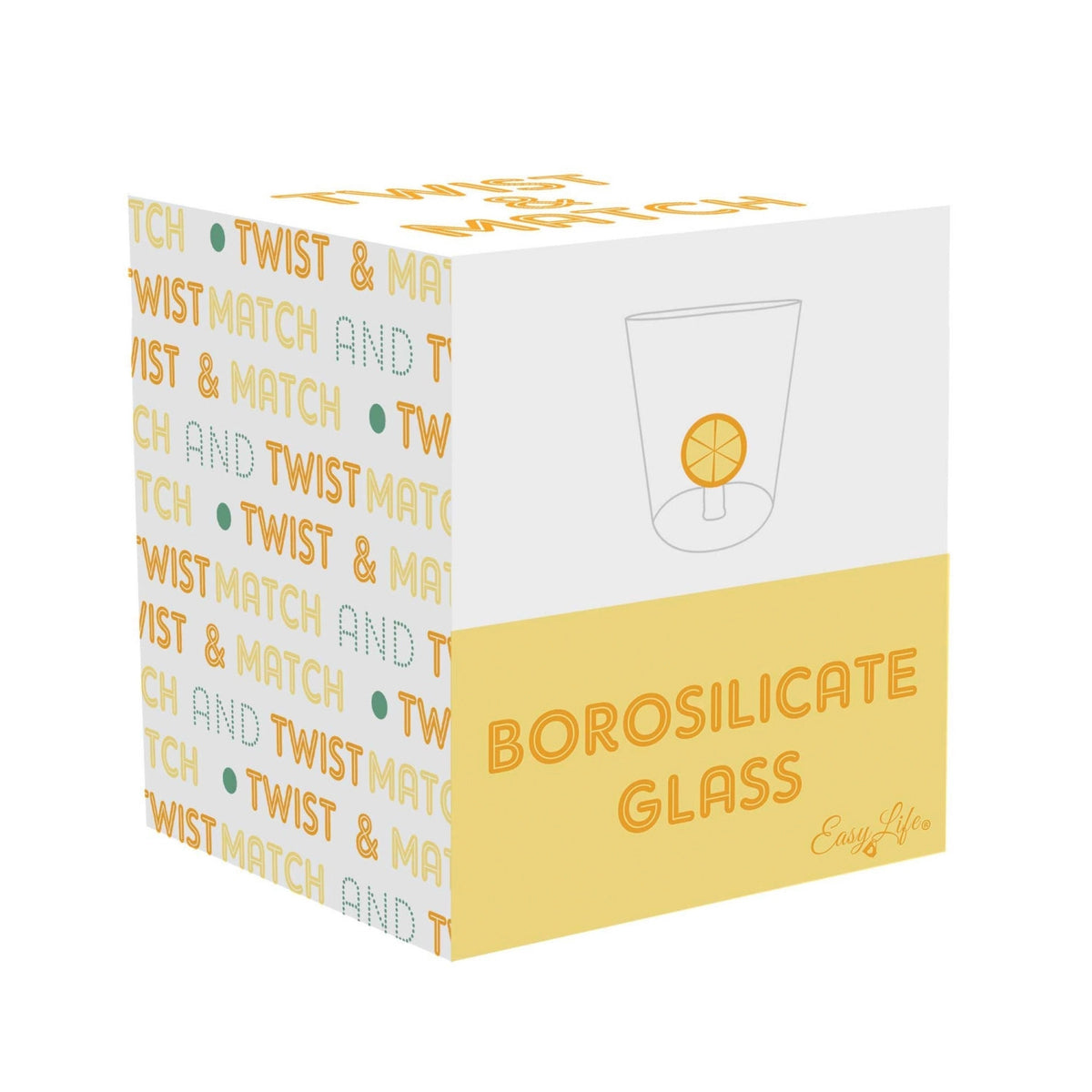 Gelbes Trinkglas aus Borosilikat von Easy Life, Serie Twist & Match, Fassungsvermögen 400ml, quadratische Form, 8x8x8 cm.