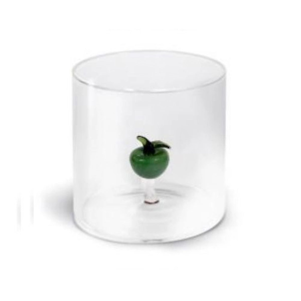 Grünes Trinkglas aus Borosilikat mit Apfel-Design, 250ml Fassungsvermögen, Grösse 8x8x8cm, von Easy Life, auf hellem Hintergrund fotografiert.