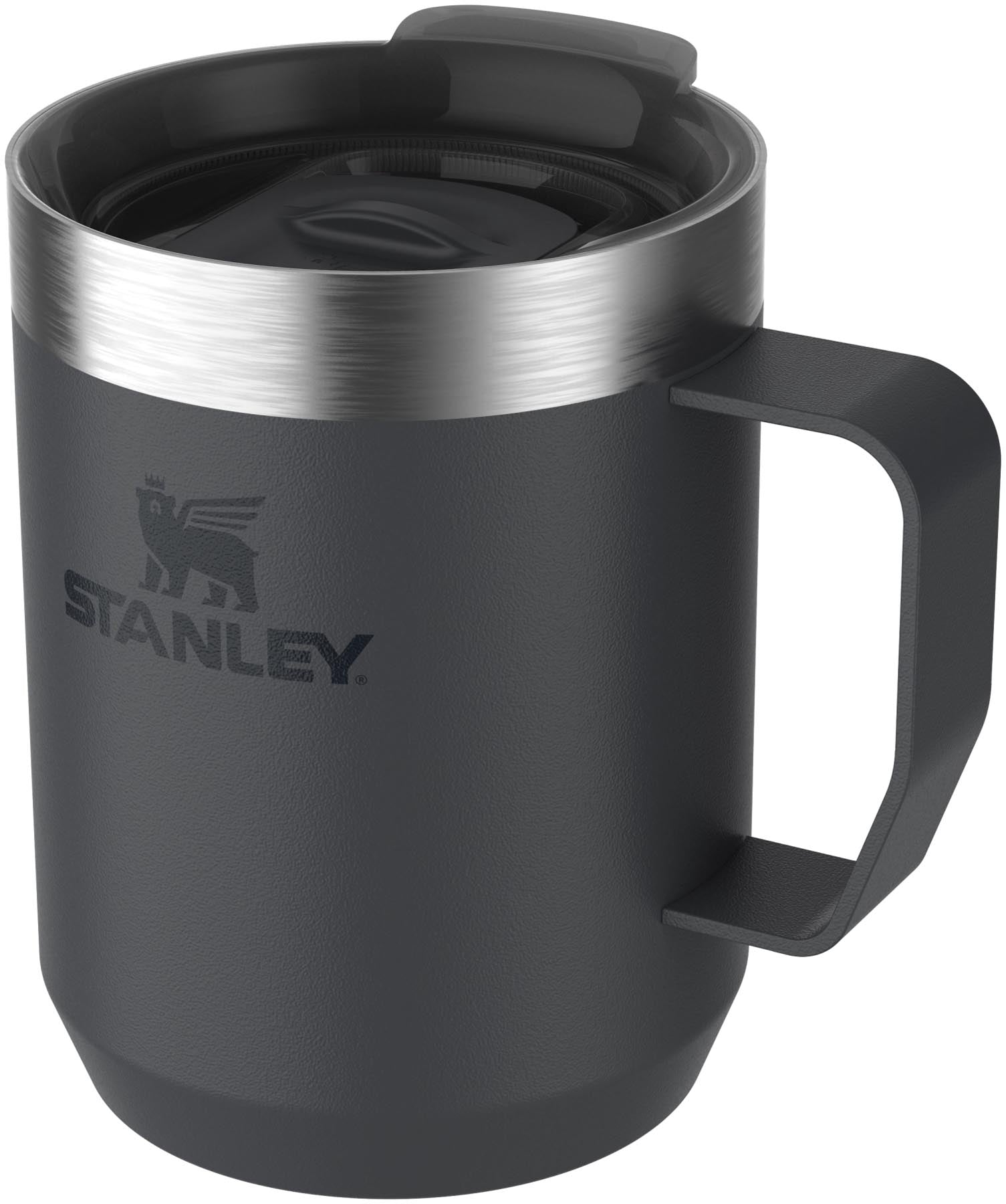 Stylischer schwarzer Stanley Everyday Camp Mug 0.23l, perfekt für Abenteuer und den täglichen Gebrauch. Hält Getränke lange warm oder kühl.