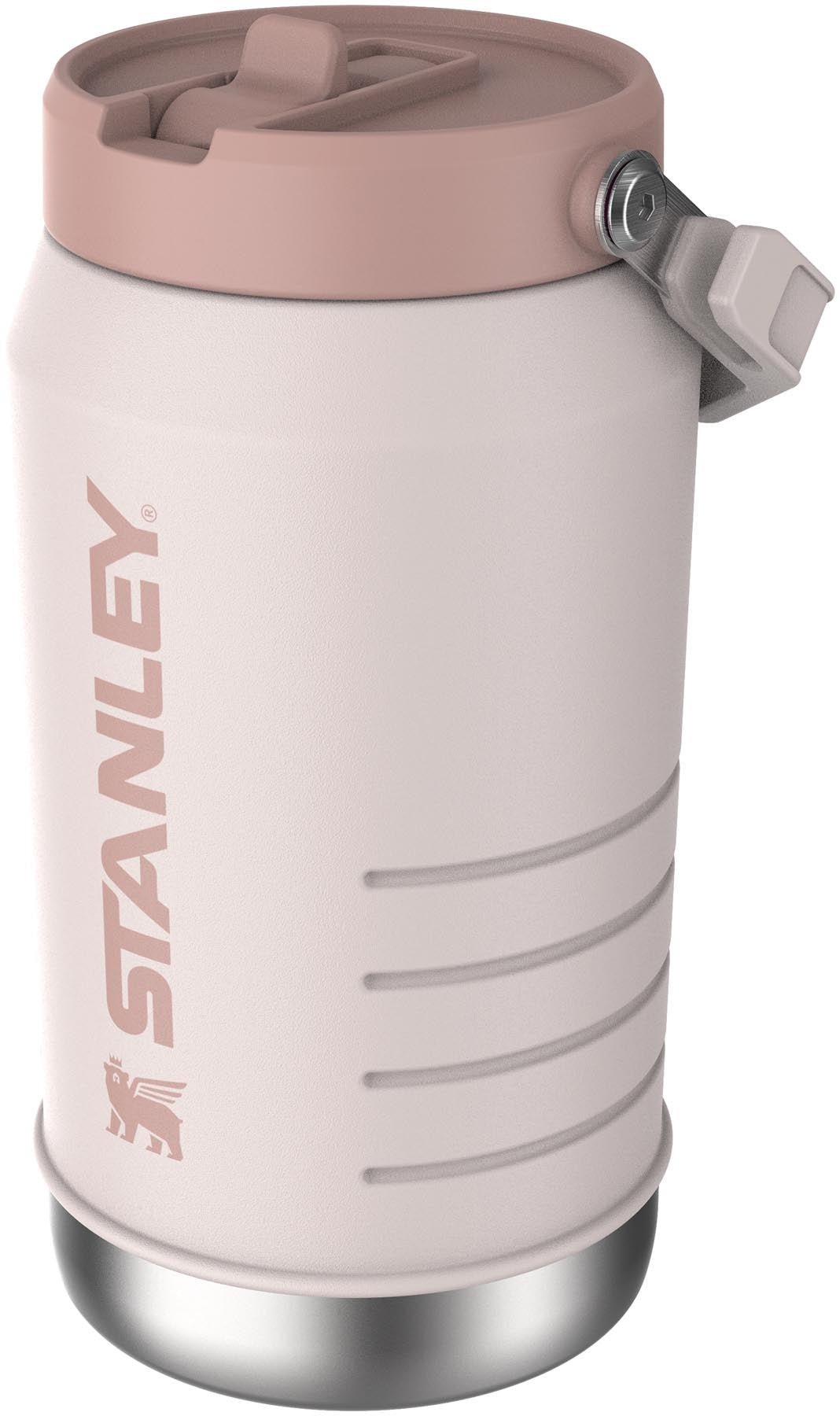 Eleganter 1.9l Getränkespender von Stanley in sanftem Rose Quartz, ideal für kalte Getränke und Outdoor-Aktivitäten.