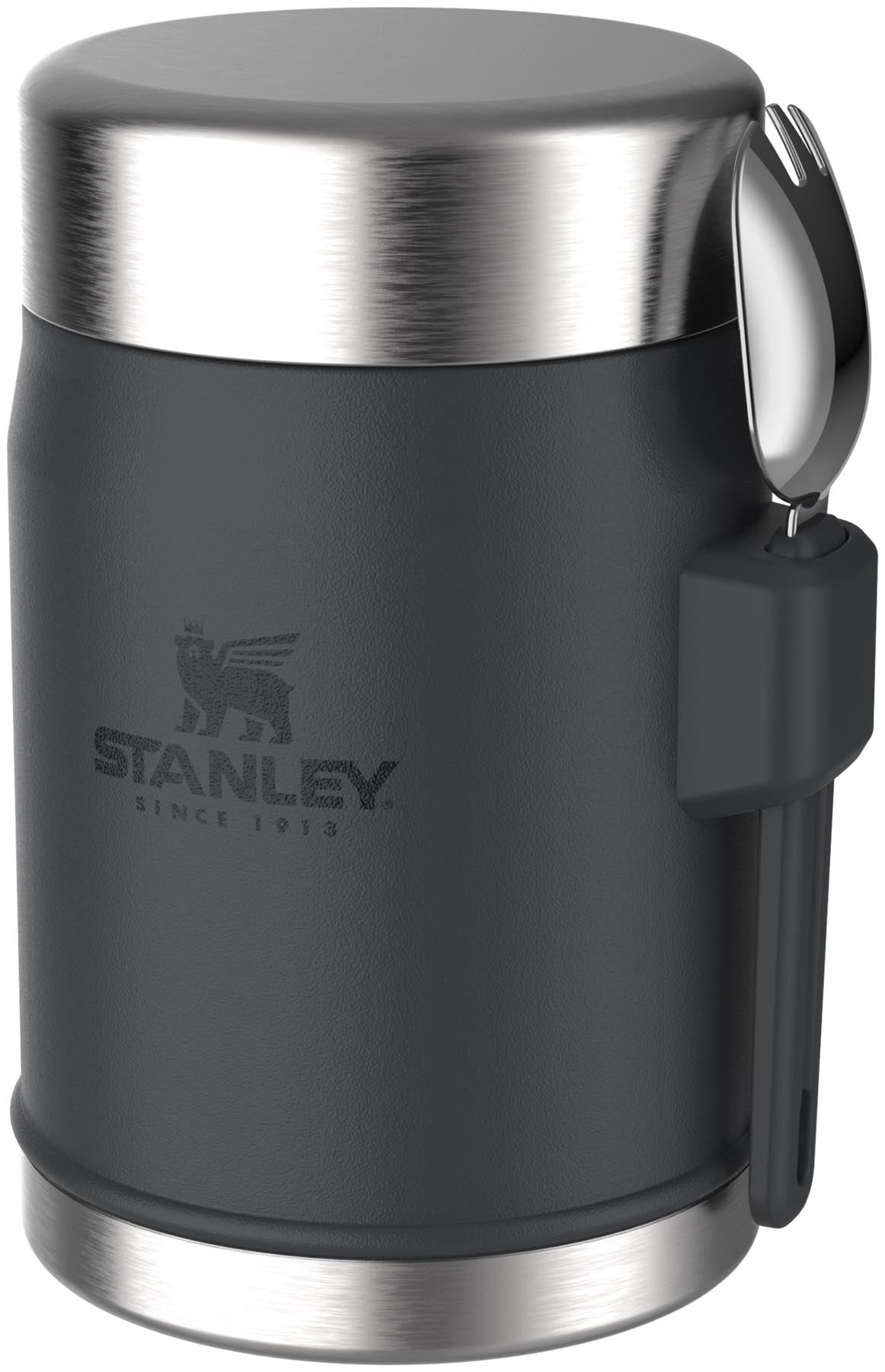 Eleganter schwarzer Stanley Food Jar mit 0.4l Volumen und praktischem Spork, perfekt für Mahlzeiten unterwegs und vielseitige Nutzung.