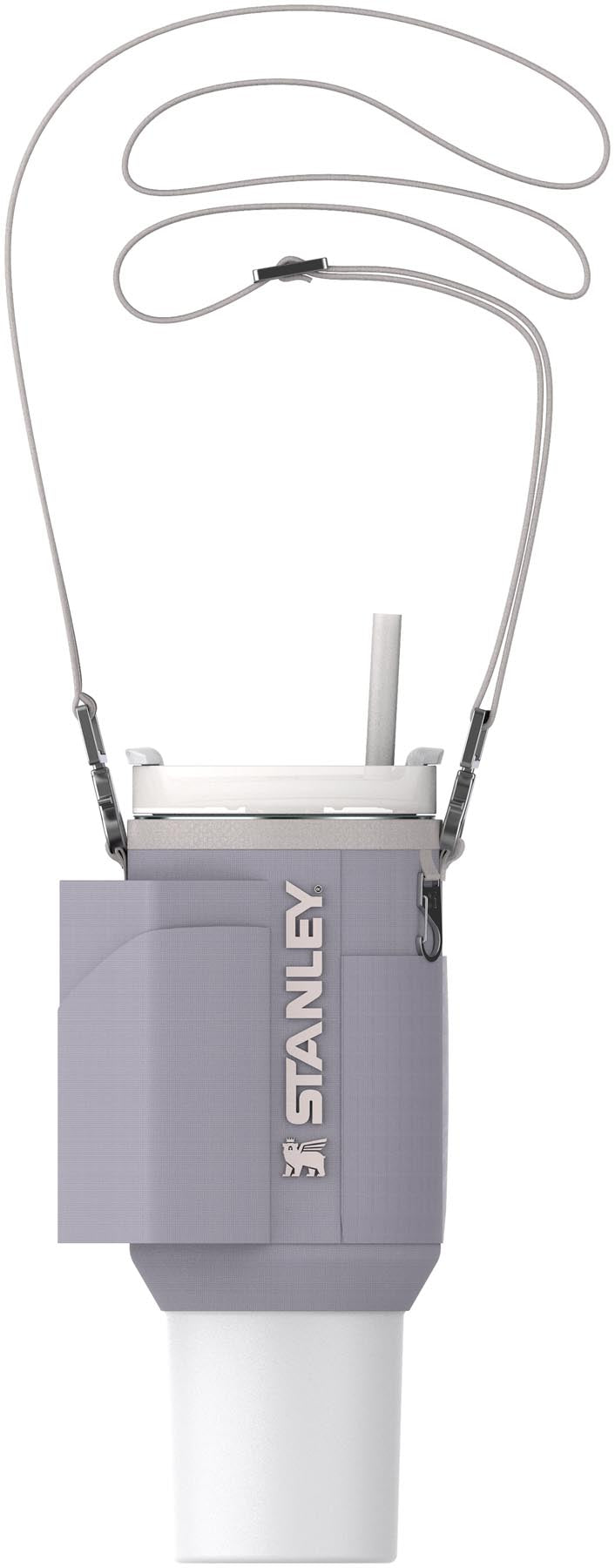 Stylische lila Stanley Thermosflasche All-Day Quencher Carry-All 1.18l, ideal für Getränke unterwegs und aktive Lebensstile.