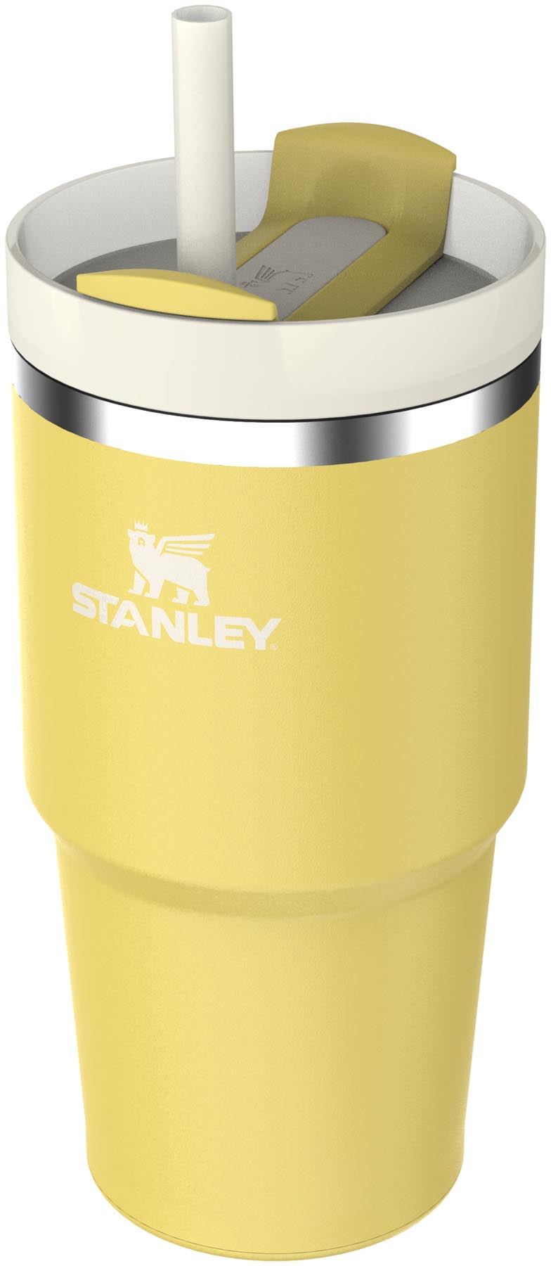 Moderne Stanley Thermosflasche Quencher FlowState 0.6l in strahlendem Daffodil-Gelb, perfekt für kalte und heiße Getränke unterwegs.
