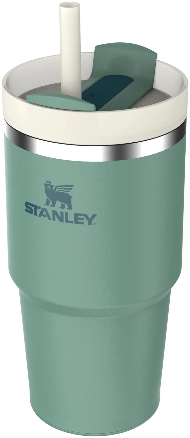 Moderne Stanley Thermosflasche Quencher FlowState 0.6l in lebhaftem Frühlingsgrün, perfekt für kalte und heiße Getränke unterwegs.