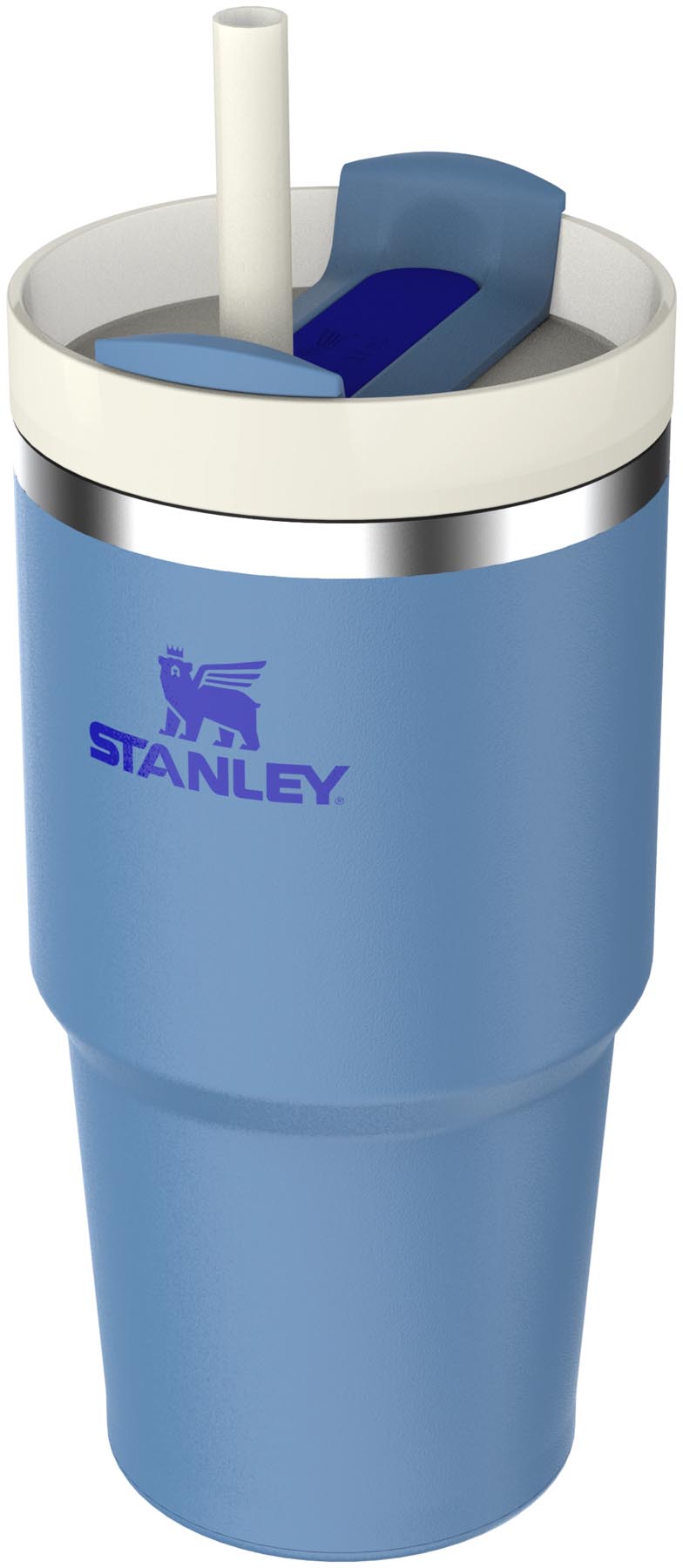 Moderne Stanley Quencher FlowState 0.6l in strahlendem Himmelblau, ideal für Erfrischungen unterwegs und sportliche Aktivitäten.