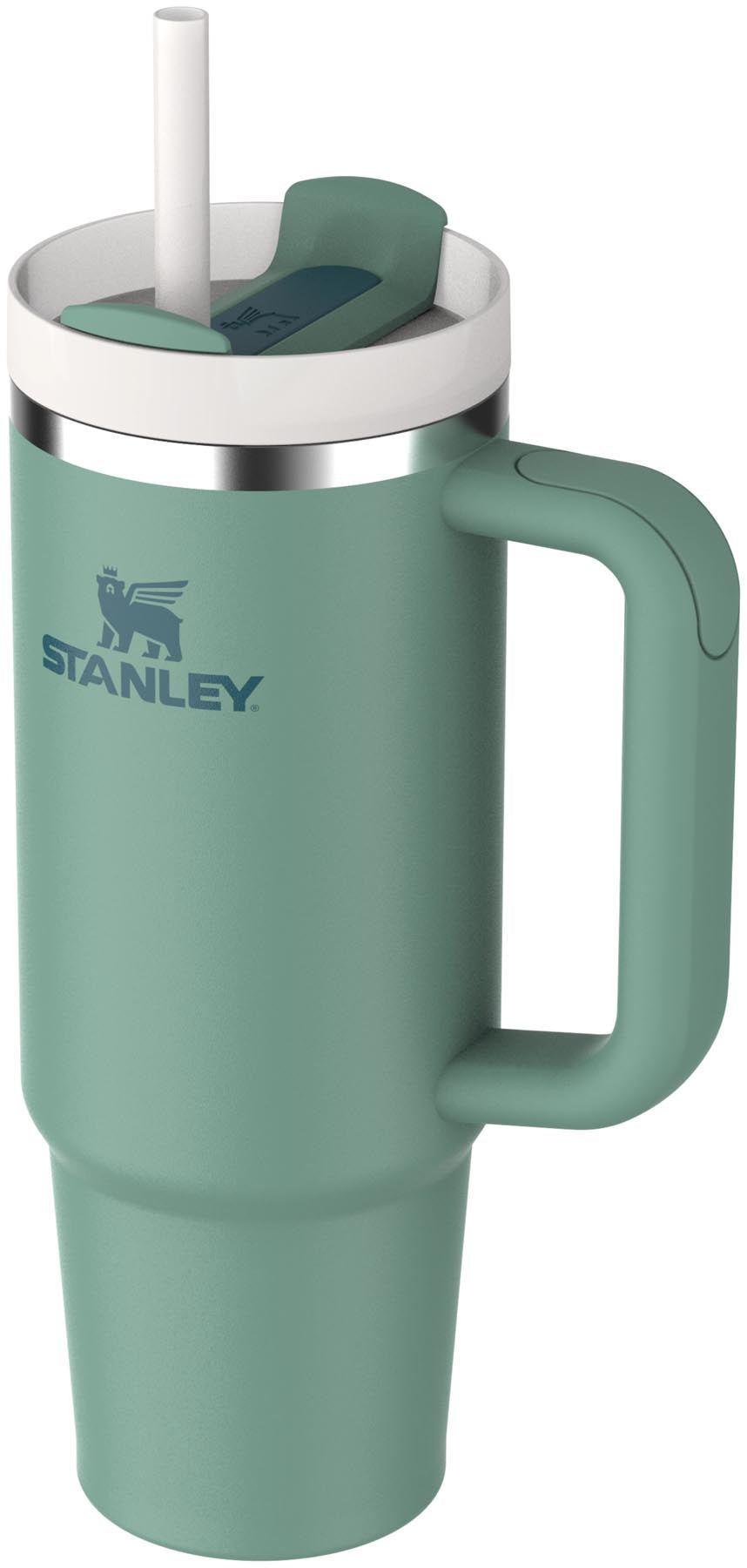 Moderne Stanley Thermosflasche Quencher FlowState 0.89l in lebhaftem Frühlingsgrün, perfekt für kalte und heiße Getränke unterwegs.