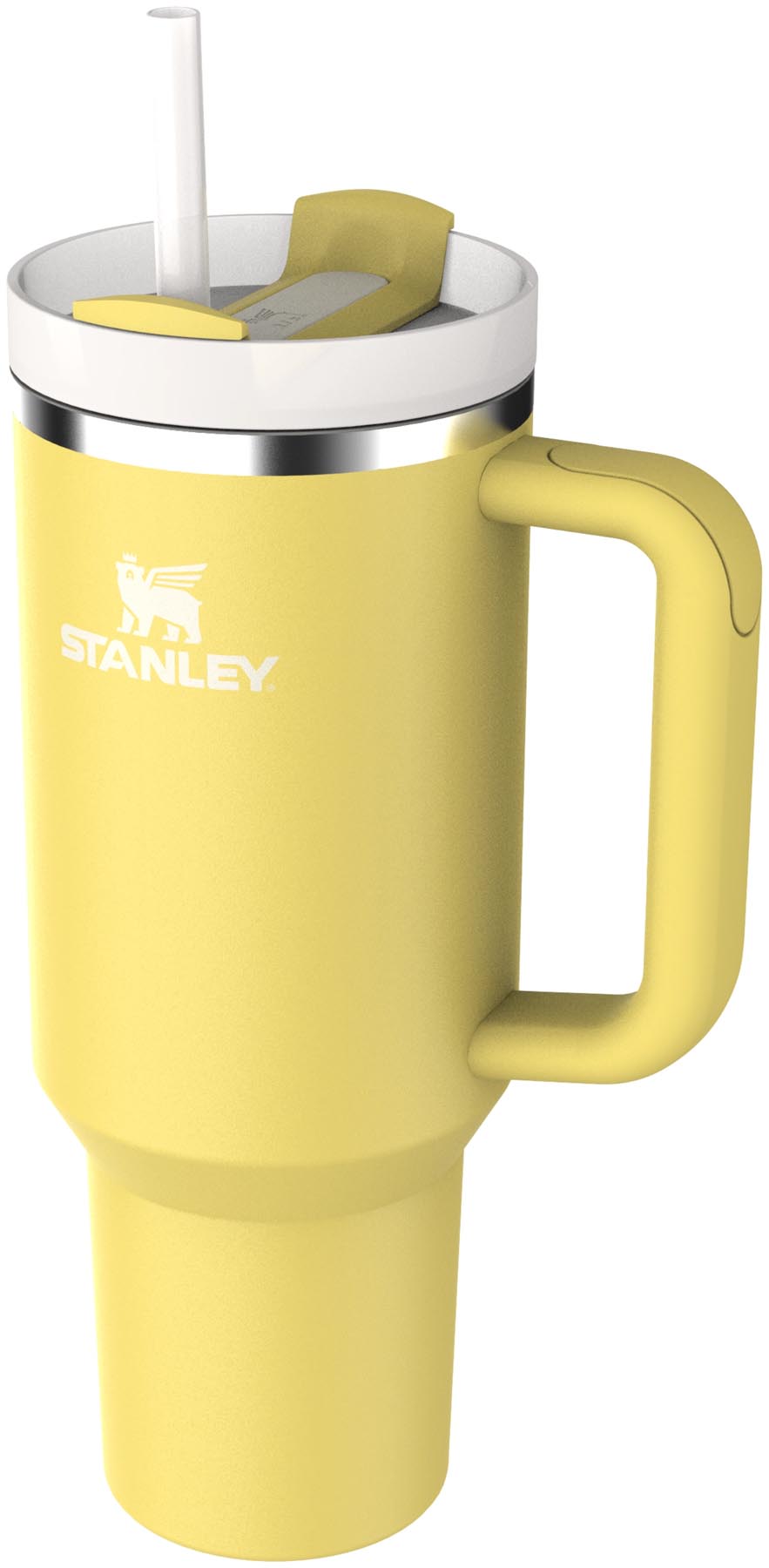 Moderne Stanley Thermosflasche Quencher FlowState 1.18l in strahlendem Daffodil-Gelb, perfekt für kalte und heiße Getränke unterwegs.