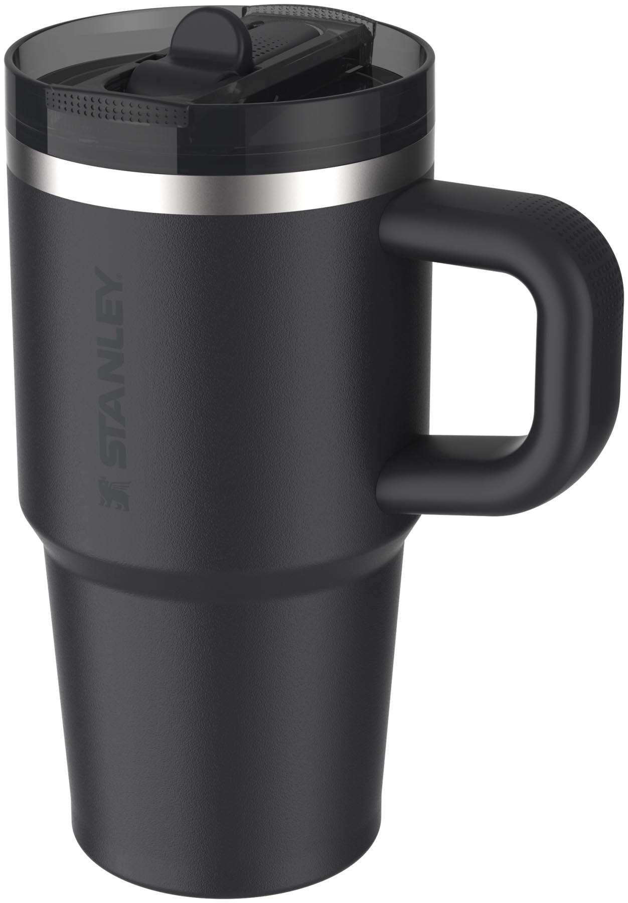 Stylische schwarze Stanley Quencher ProTour Flip Straw 0.59l Thermosflasche, perfekt für aktive Lebensstile, mit innovativem Flip-Trinkhalm.