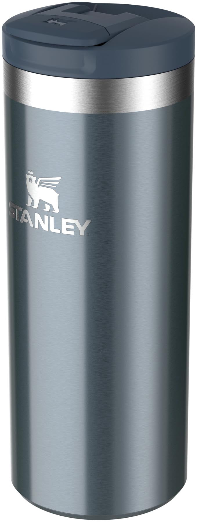 Eleganter Transit Fliptop Becher in glacial blue shine, perfekt für Reisen. Robuste Stanley Thermosflasche mit 0.35l Volumen für heiße und kalte Getränke.