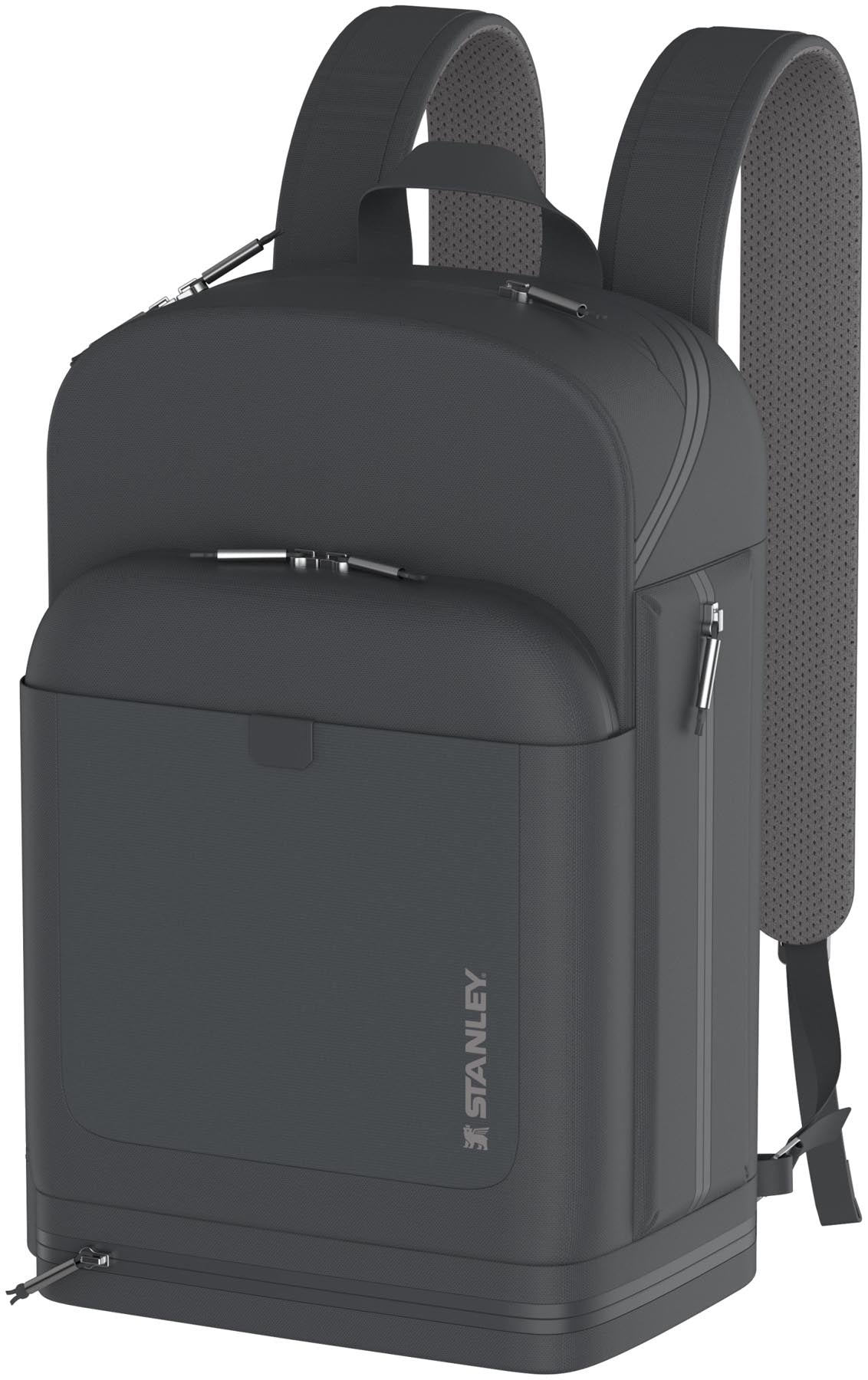 Schwarzer Rucksack von Stanley mit 29,2 l Volumen, perfekt für Kühltaschen, kombiniert Funktionalität mit modernem Stil.