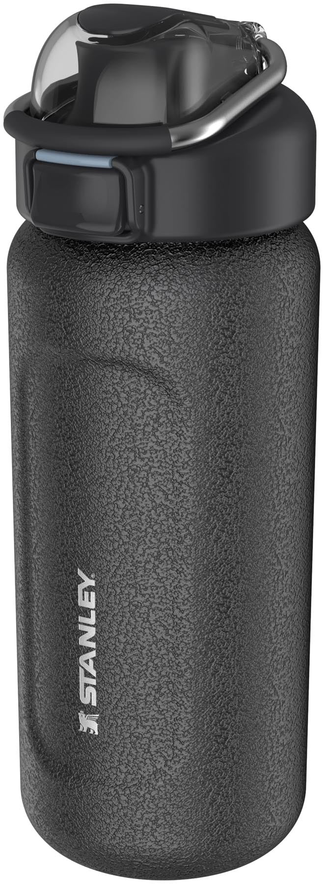 Stylische Stanley Wellspring Flasche in Hammertone Schwarz, 0.47l, perfekt für Outdoor-Aktivitäten. Hält Getränke lange heiß oder kalt.