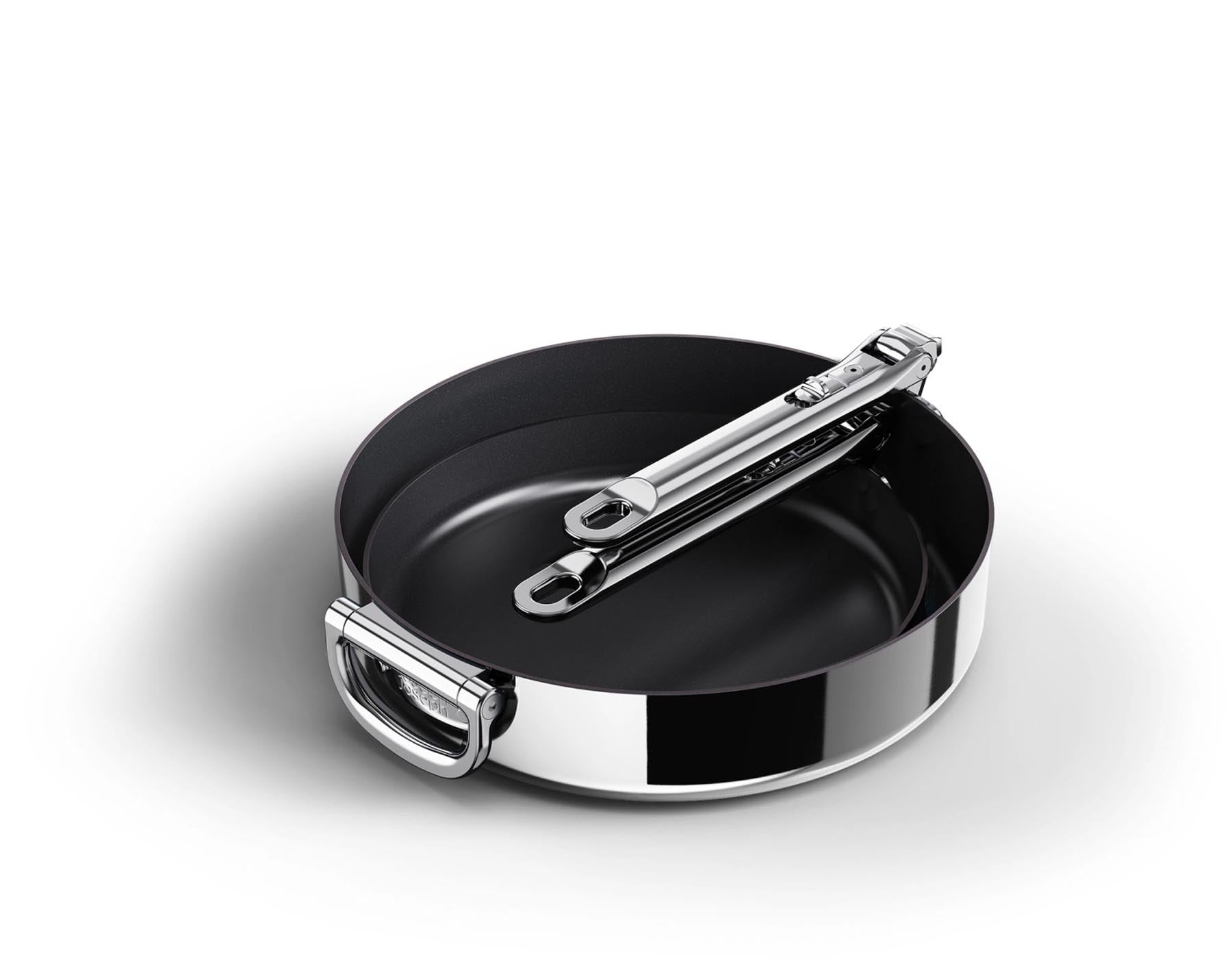 Zwei elegante Joseph Joseph Bratpfannen (24 und 28 cm) mit praktischem Klappgriff, ideal für platzsparende Aufbewahrung und leichtes Kochen.