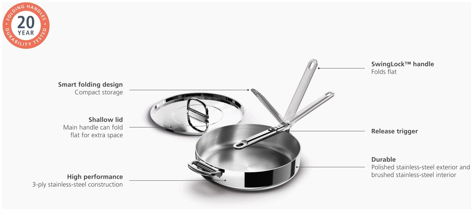 Moderne Stielkasserolle aus hochwertigem Edelstahl mit praktischem Klappgriff, ideal für platzsparendes Kochen und stilvolles Servieren.