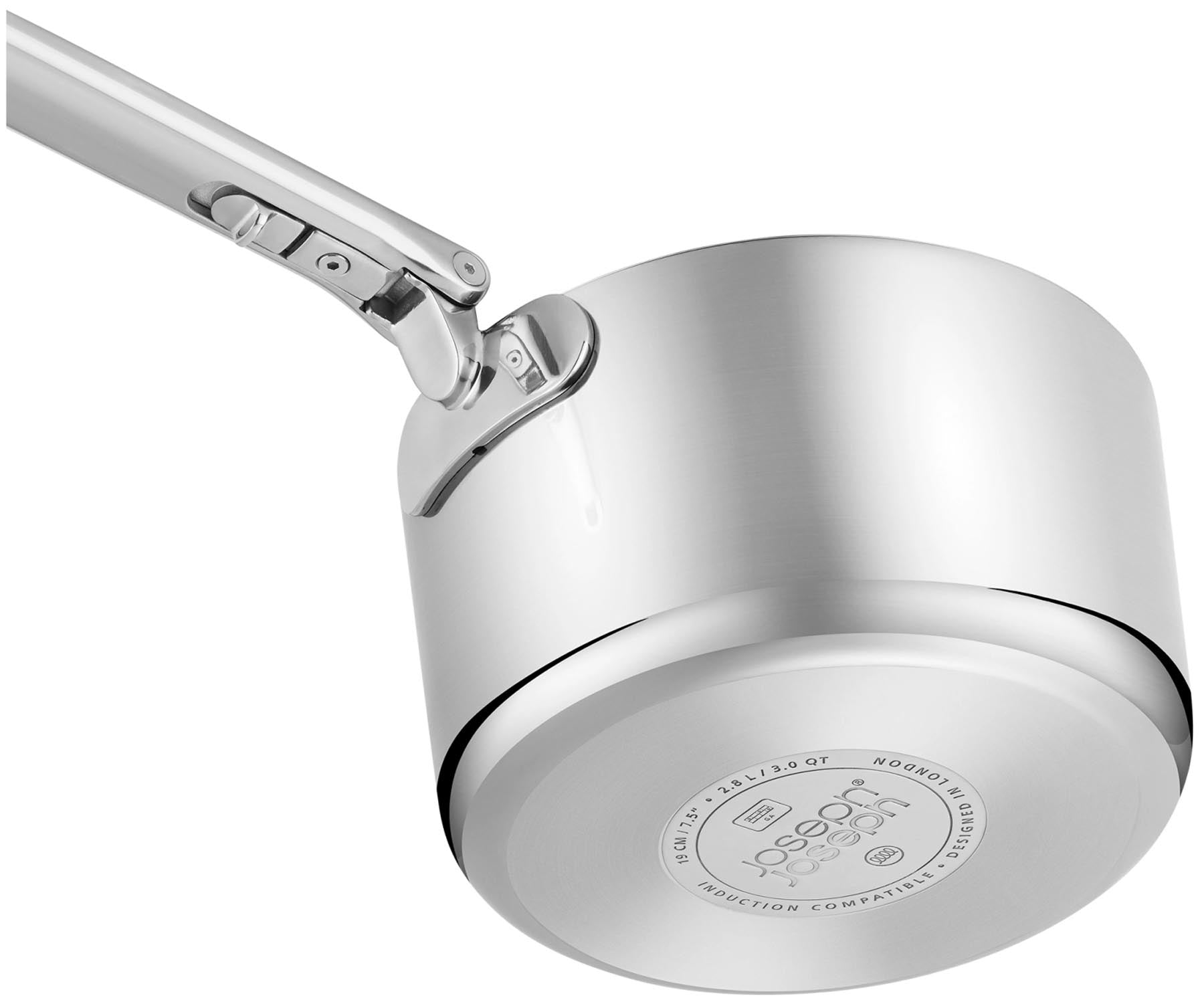 Elegantes 6-teiliges Pfannenset von Joseph Joseph mit klappbaren Griffen, ideal für platzsparende Aufbewahrung und vielfältige Kochanwendungen.