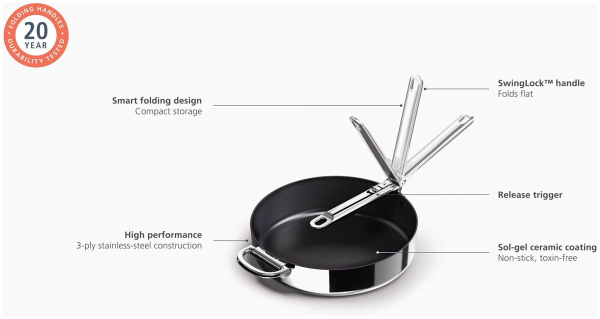 Space Steel Bratpfanne D28cm Edelstahl Klappgriff antihaft in Silber präsentiert im Onlineshop von KAQTU Design AG. Bratpfanne ist von Joseph Joseph