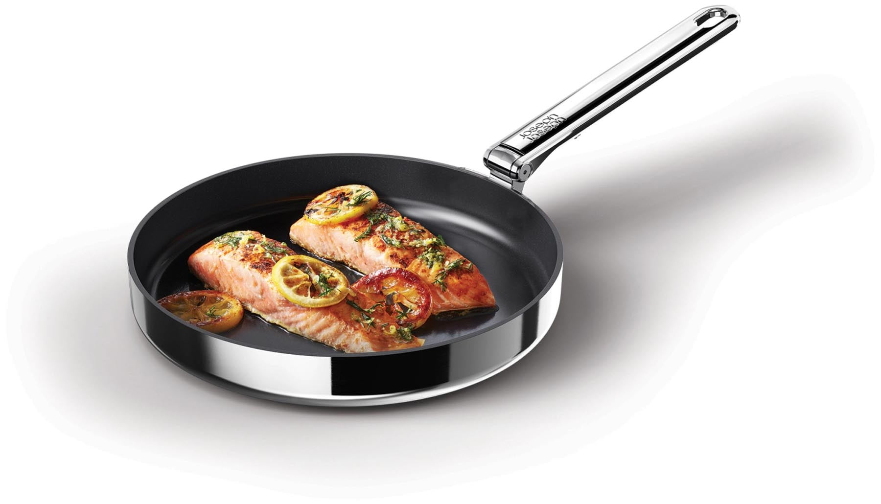 Hochwertige 24 cm Bratpfanne aus Edelstahl mit praktischem Klappgriff, ideal für fettfreies Braten und platzsparende Aufbewahrung.