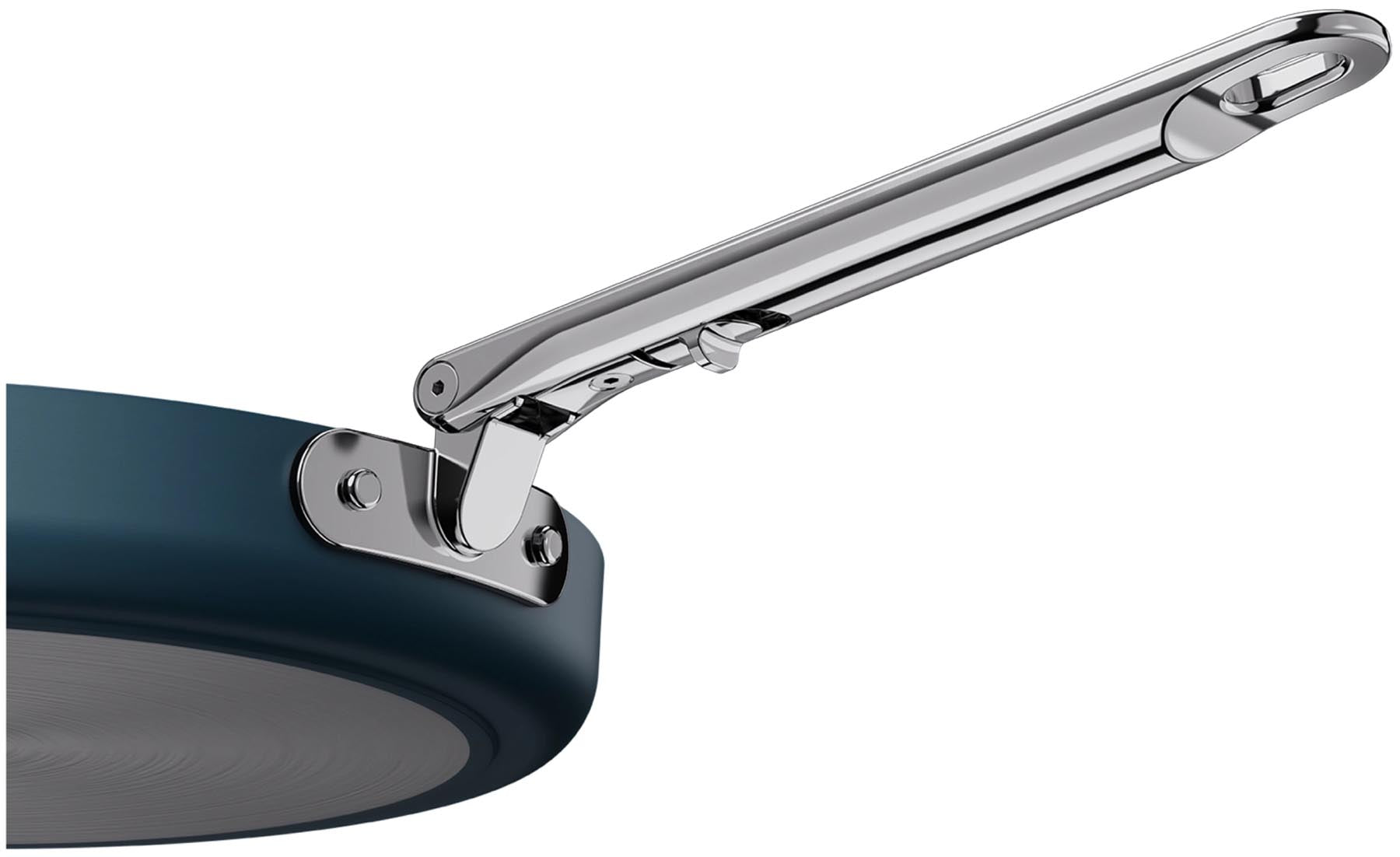 Moderne flache Bratpfanne von Joseph Joseph, 28 cm Durchmesser, mit innovativem Klappgriff für platzsparende Lagerung und komfortables Kochen.