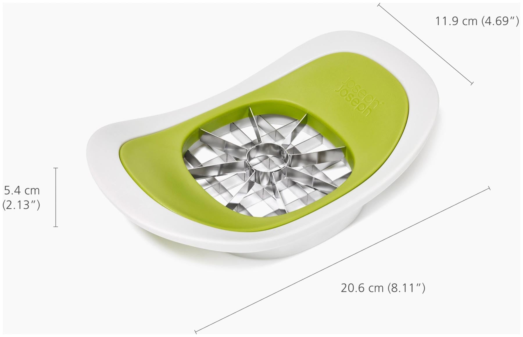 Praktischer 2-in-1 Apfel- und Kartoffelschneider von Joseph Joseph in lebhaftem Grün, ideal für müheloses und schnelles Zubereiten.
