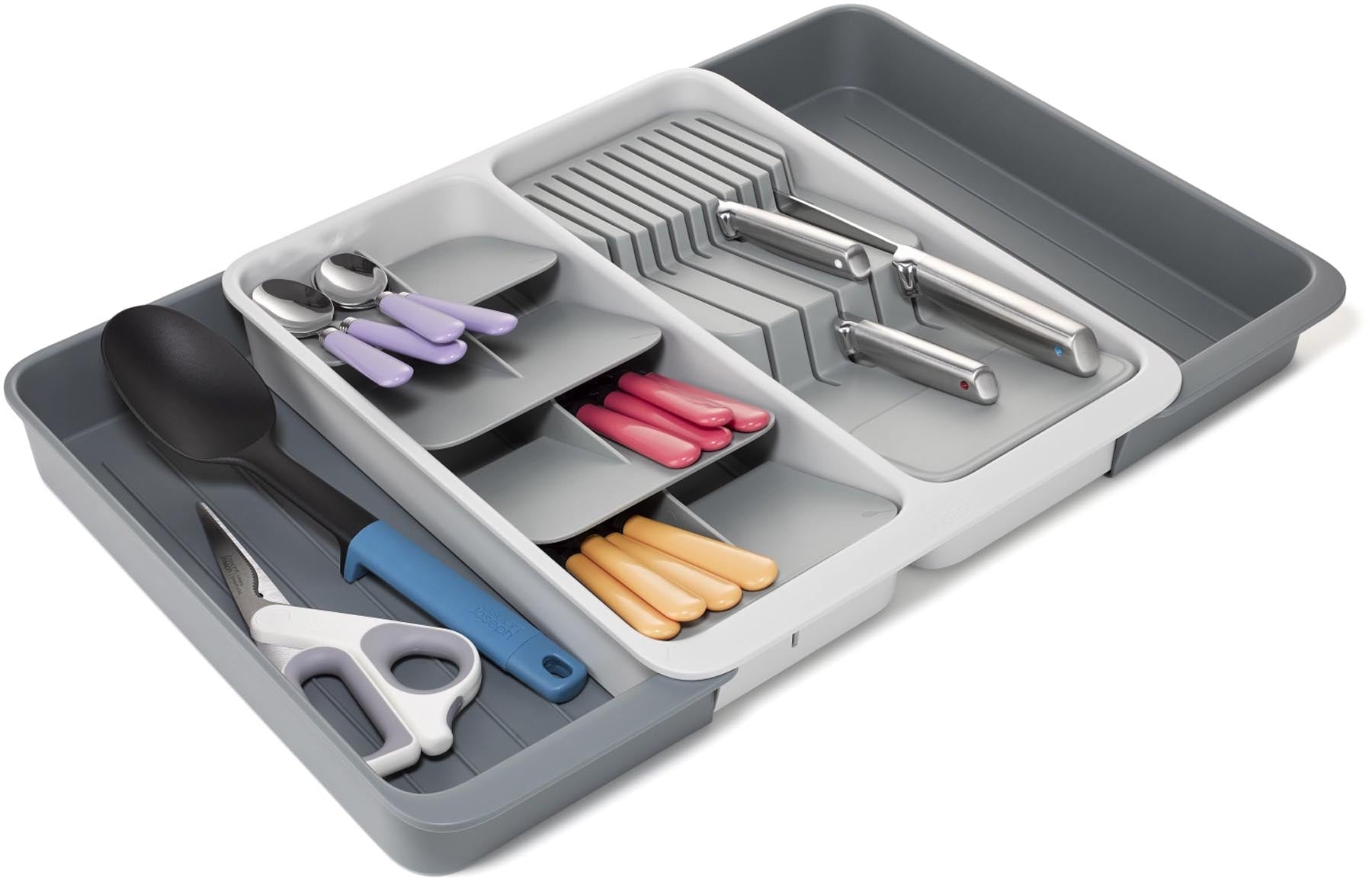 Erweiterbarer Besteckkasten aus umweltfreundlichem, recyceltem Kunststoff in elegantem Grau, perfekt für die organisierte Aufbewahrung von Besteck.