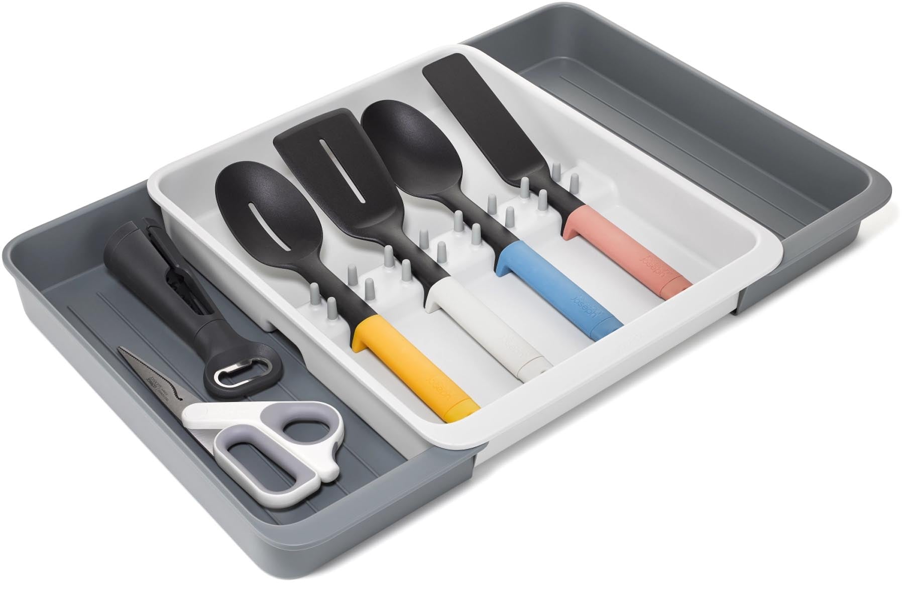 Praktischer Besteckkasten von Joseph Joseph aus umweltfreundlichem, recyceltem Kunststoff in elegantem Grau, perfekt für die ordentliche Organisation von Besteck und Küchenutensilien.